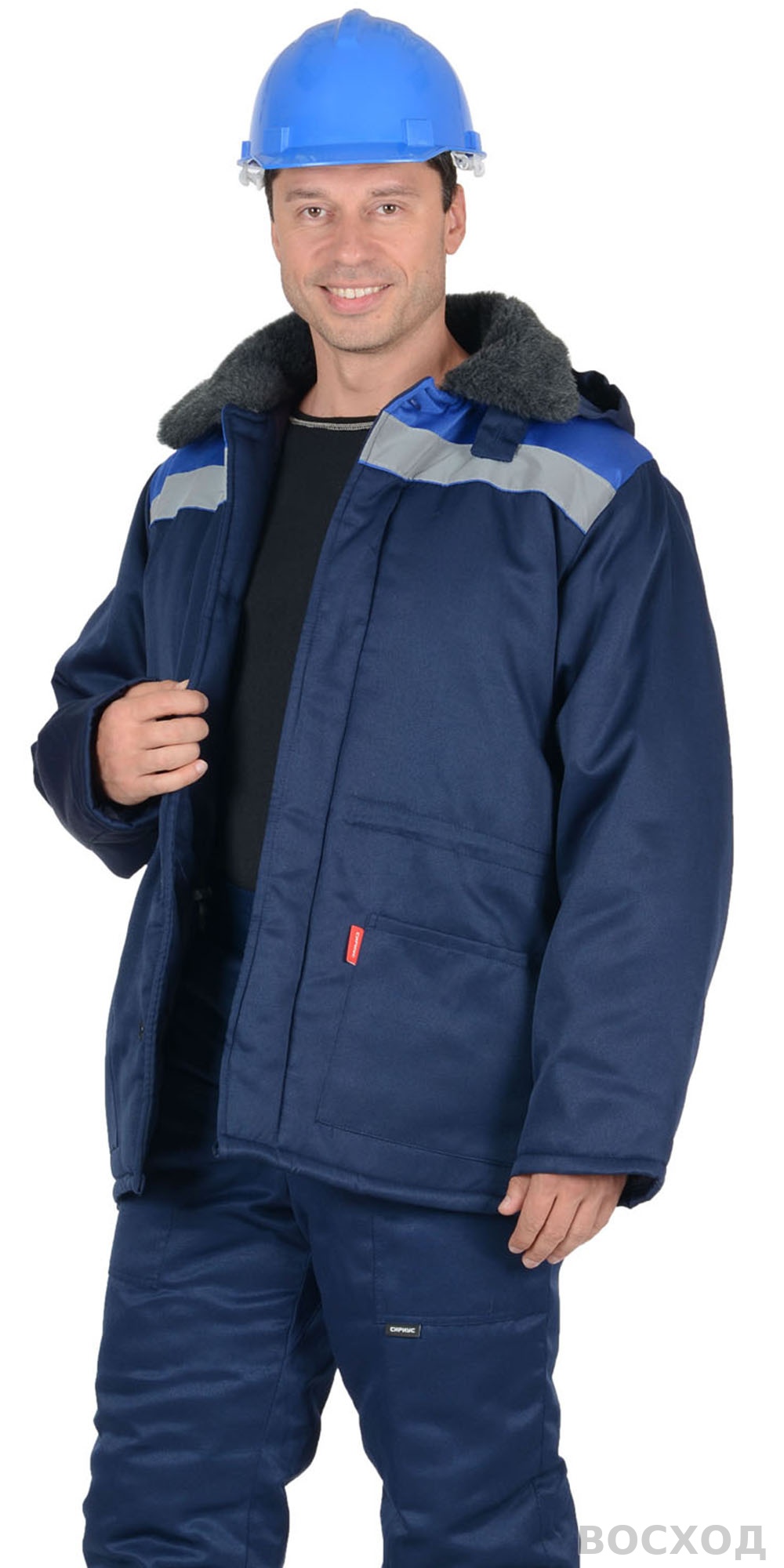 Куртка СИРИУС-БРИГАДИР мех. ворот, синяя с васильковым и СОП