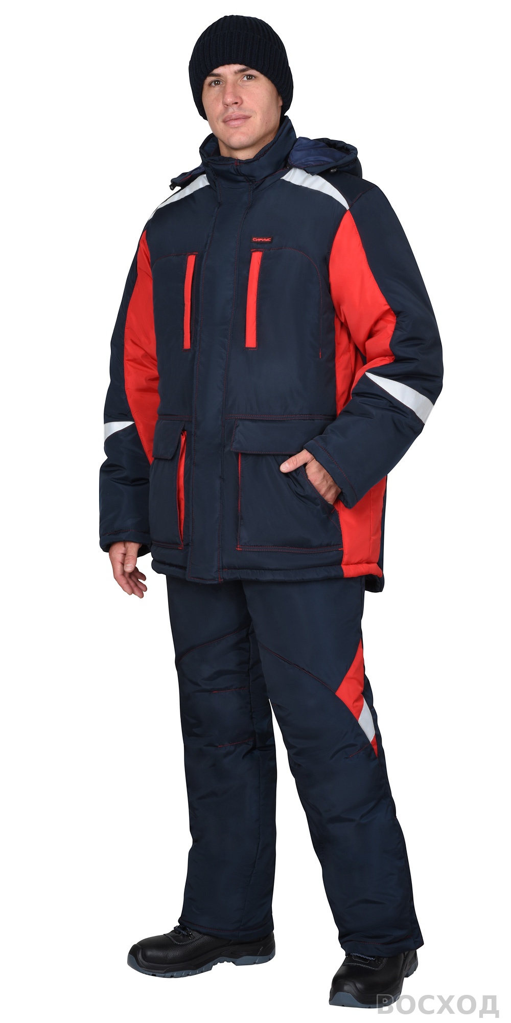 Костюм СИРИУС-САТУРН куртка длинная, брюки, тёмно- с красным и СОП