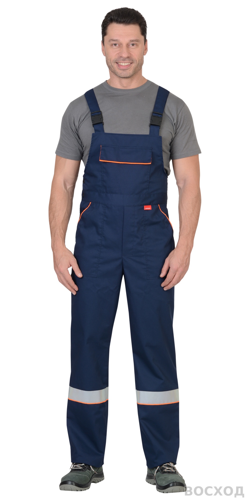 Костюм СИРИУС-МАСТЕР летний: куртка, полукомбинезон, темно- с оранжевой отделкой