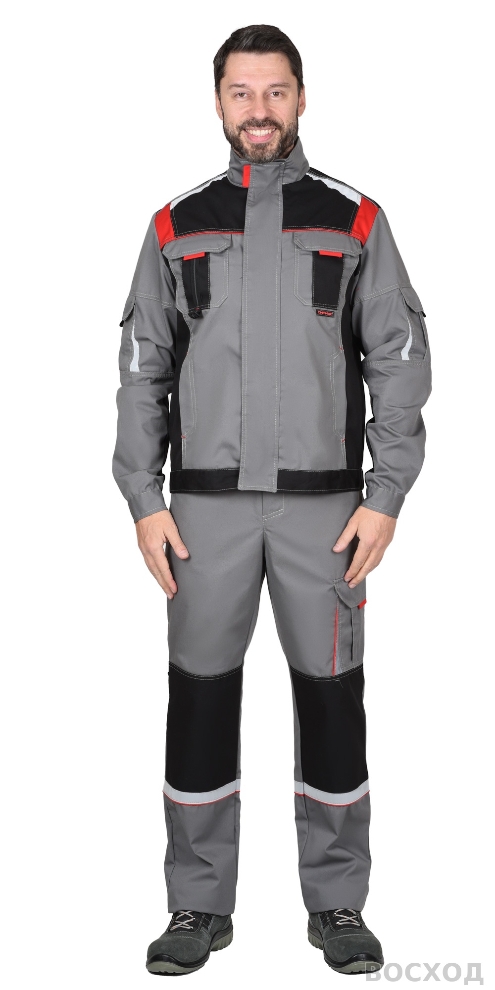 Куртка СИРИУС-СТАН ср-серая с черной и красной отделкой