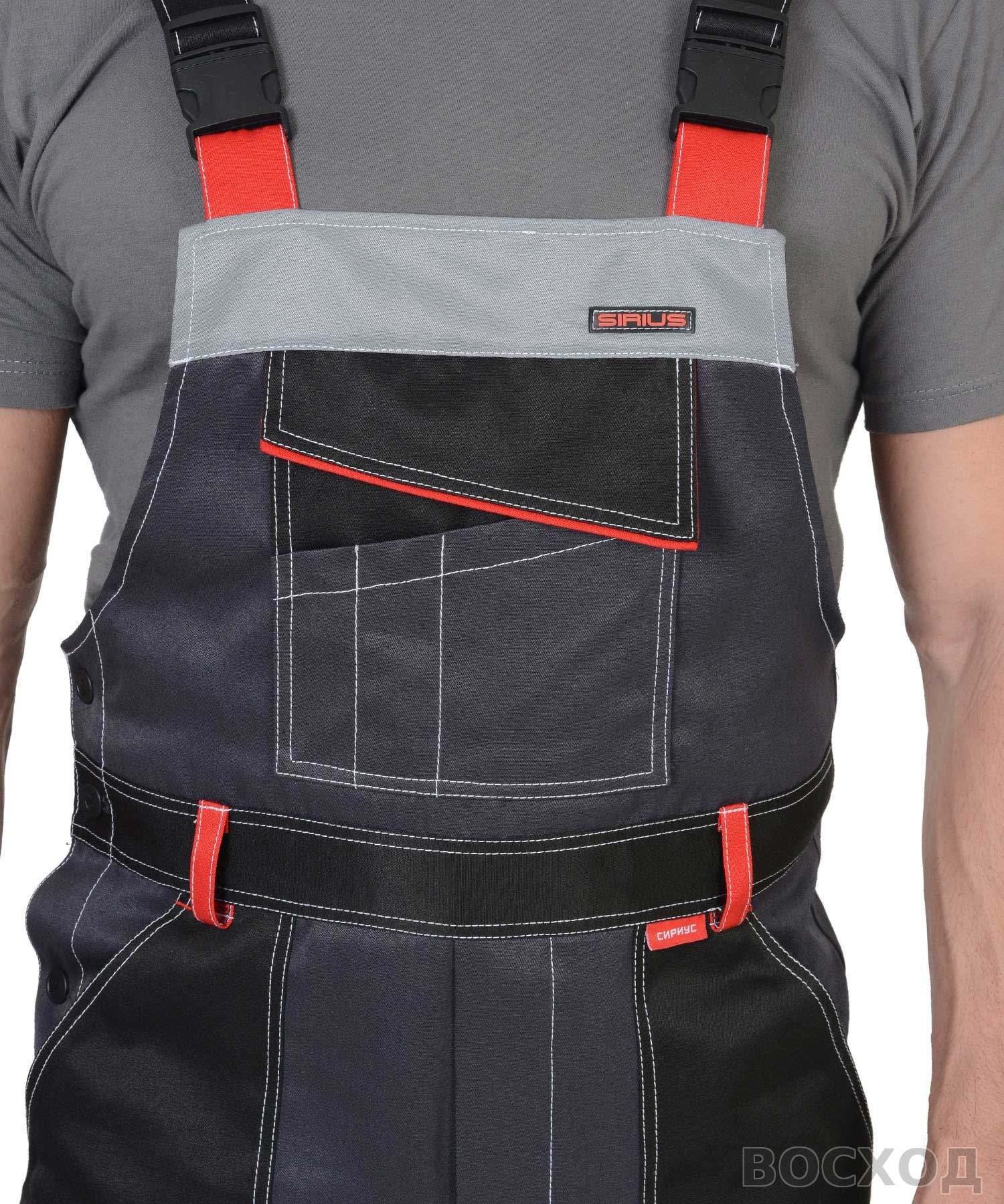 Костюм СИРИУС-ПОЛИНОМ куртка, п/к, темно- со светло-серым, черным, красным и СОП