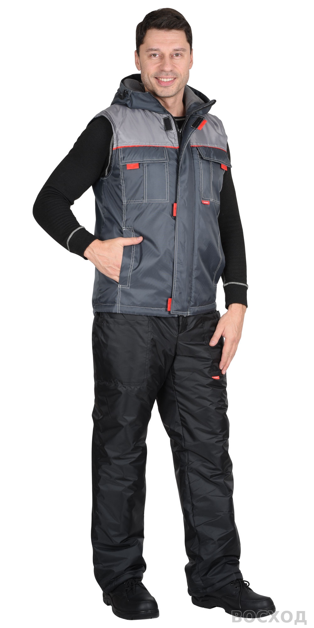 Жилет СИРИУС-ФАВОРИТ с капюшоном темно- с серым