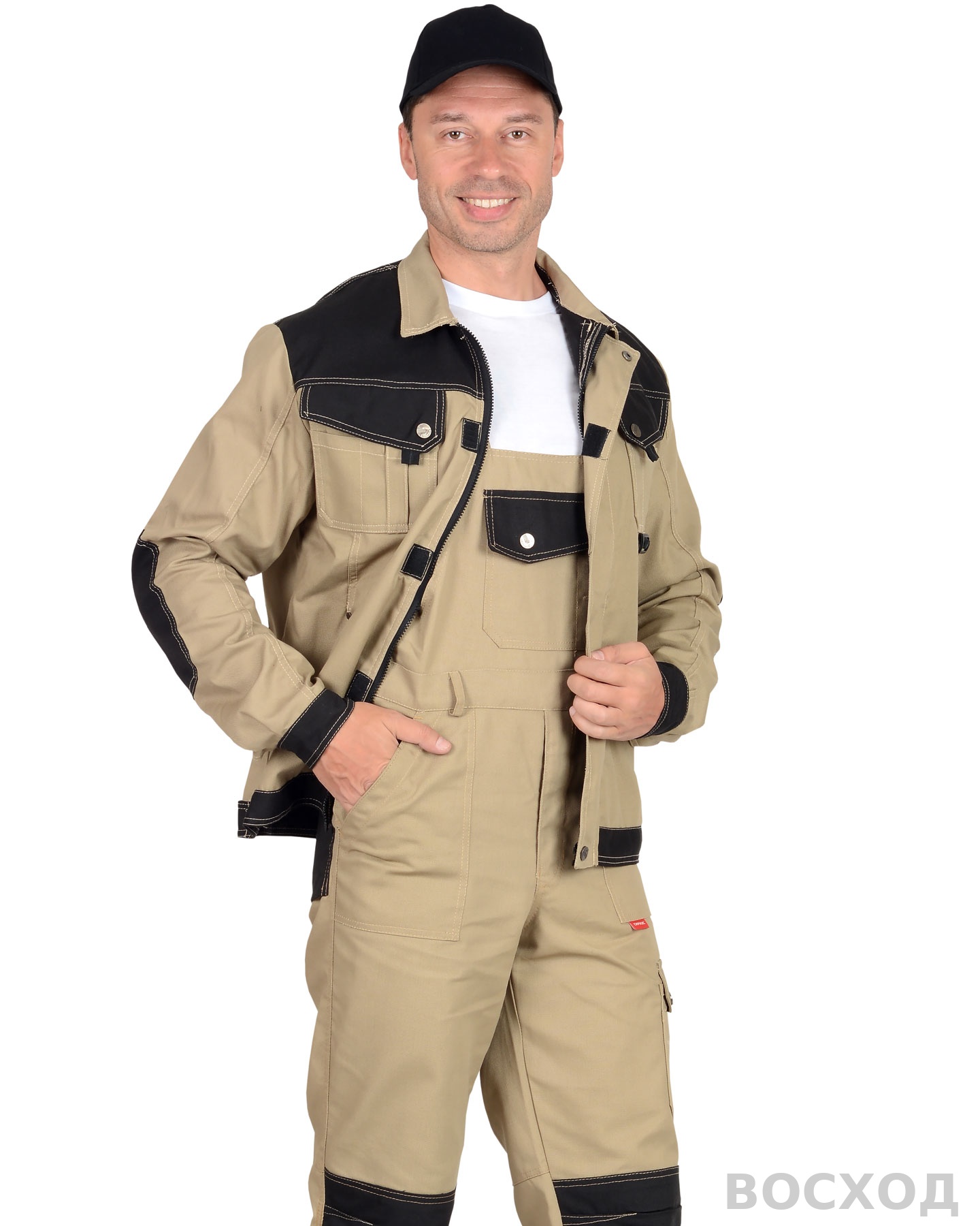 Костюм летний СИРИУС-ВЕСТ-ВОРК куртка кор., п/к бежевый с черным пл. 275 г/кв.м