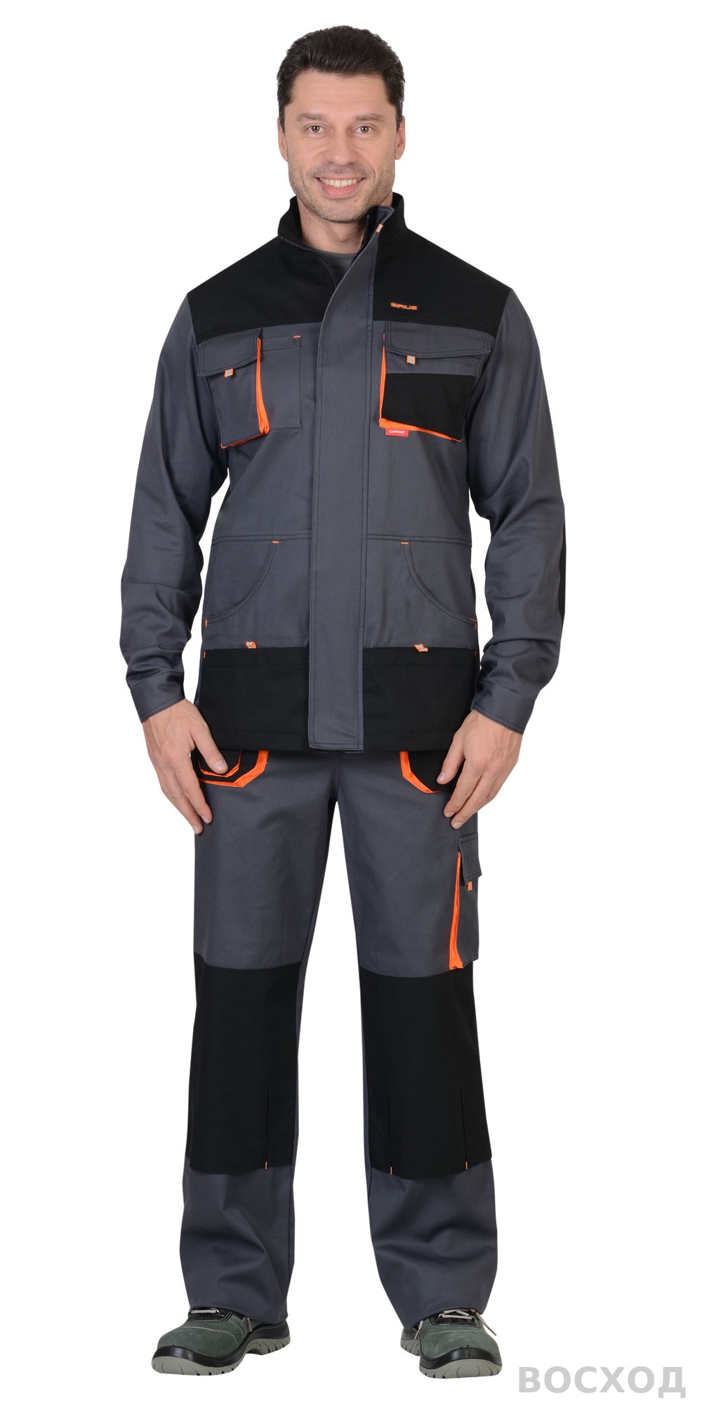 Костюм СИРИУС-МАНХЕТТЕН куртка дл., п/к т. с оранж. и черным тк. стрейч пл. 250 г/кв.м
