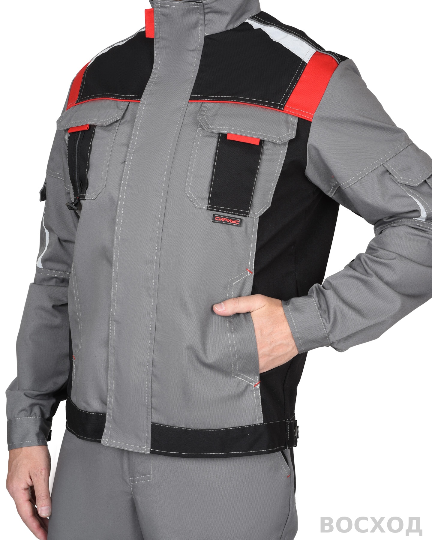 Костюм СИРИУС-СТАН куртка, п/к ср. с черной и красной отделкой