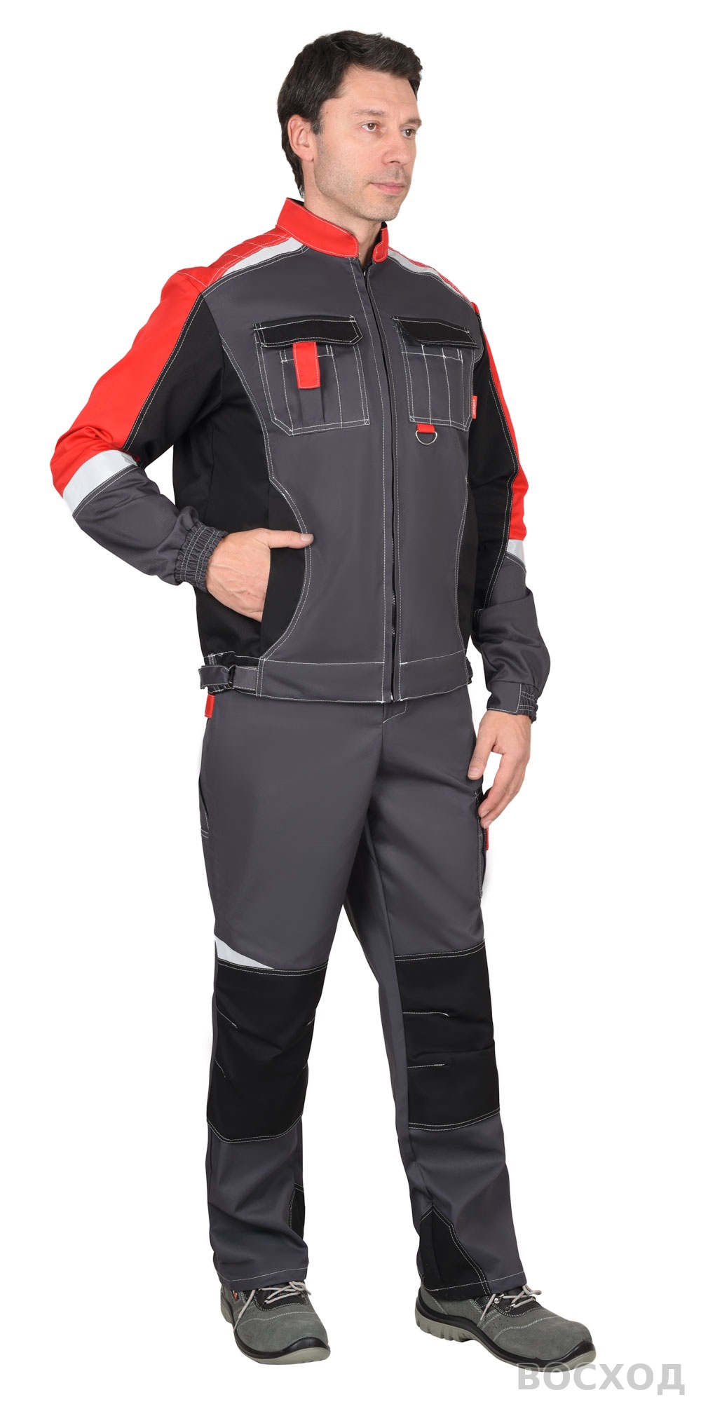 Костюм мужской летний СИРИУС-ФАВОРИТ-МЕГА куртка и полукомбинезон, с черным и красным, СОП