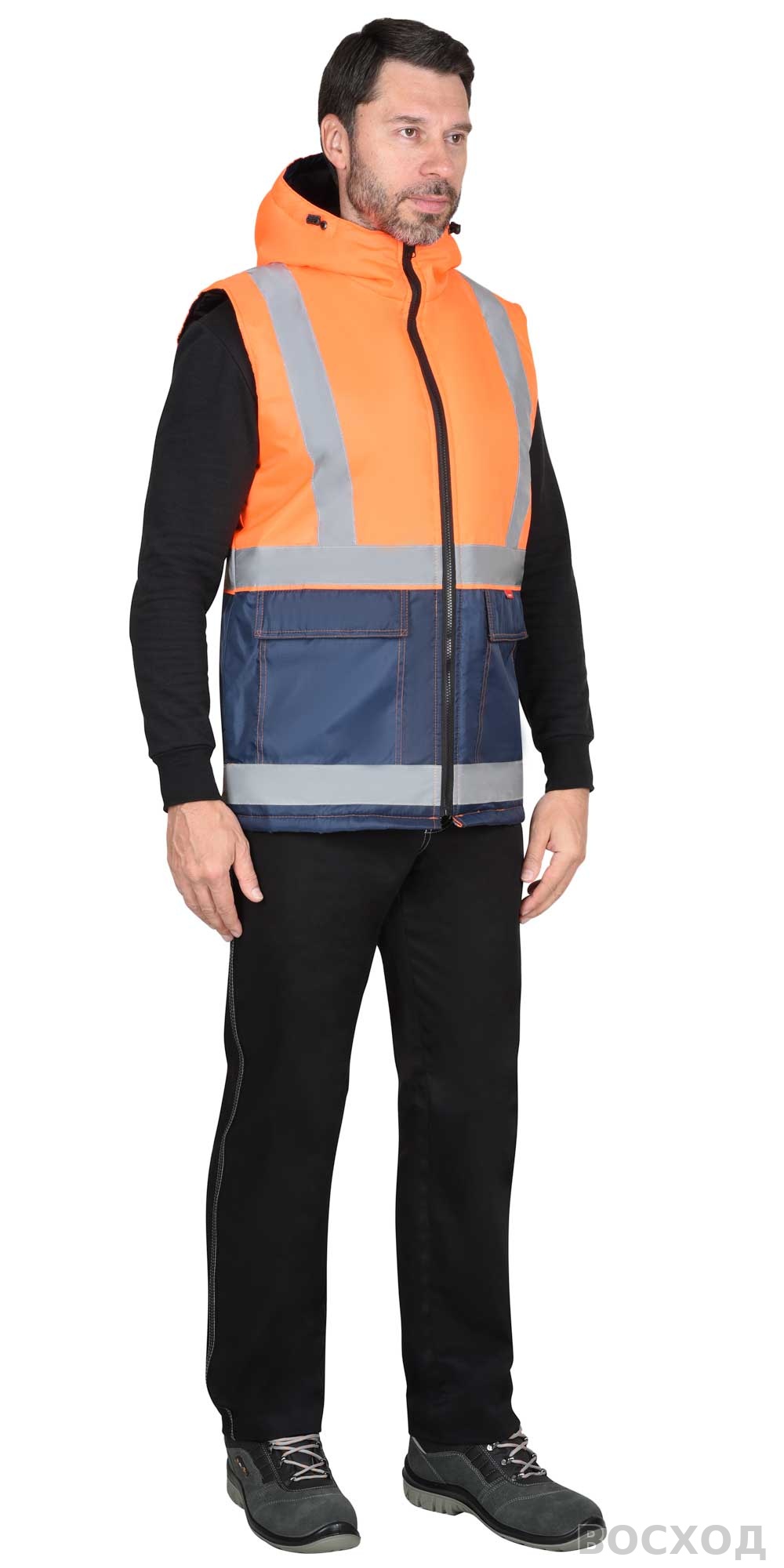 Жилет СИРИУС-ТЕРМИНАЛ с капюшоном темно- с оранжевым