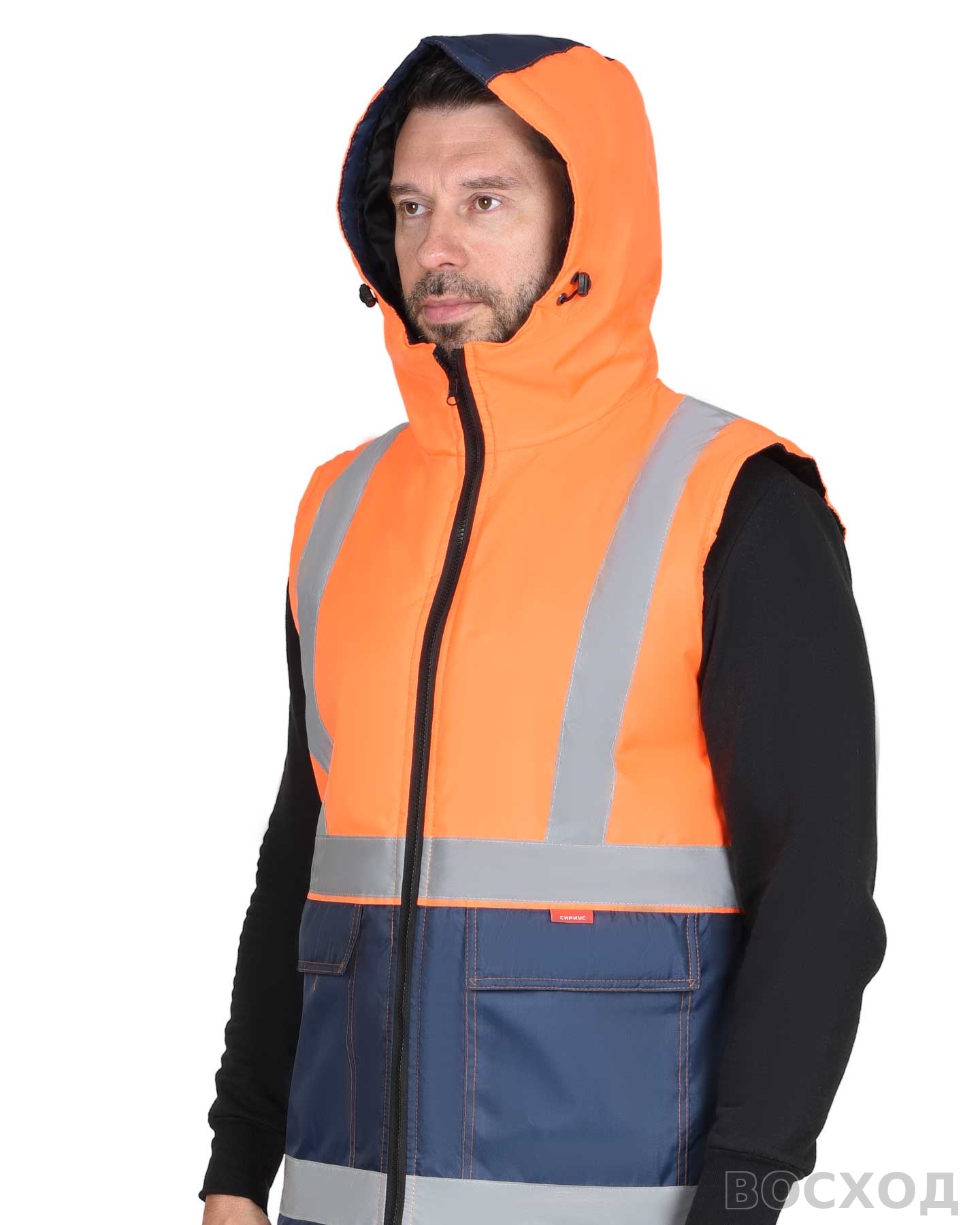 Жилет СИРИУС-ТЕРМИНАЛ с капюшоном темно- с оранжевым
