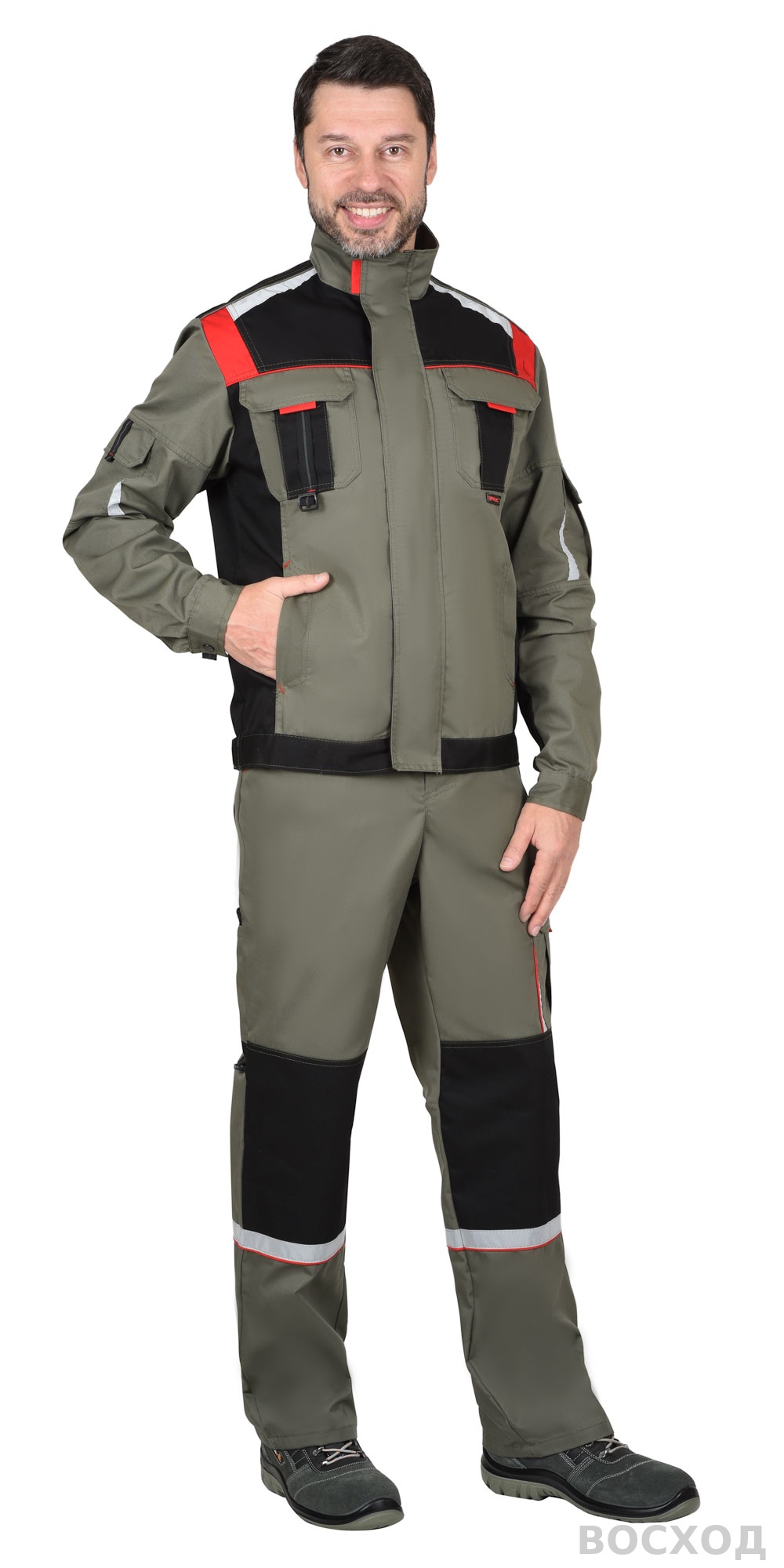 Костюм СИРИУС-СТАН куртка, п/к с черной и красной отделкой