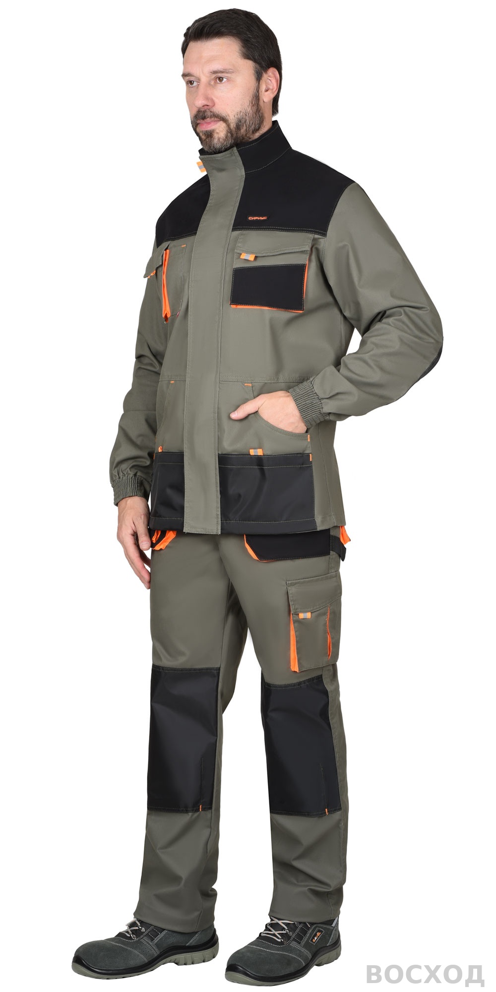 Костюм СИРИУС-МАНХЕТТЕН куртка, брюки с оранжевым и чер. тк. мех. стрейч пл 260 г/кв.м