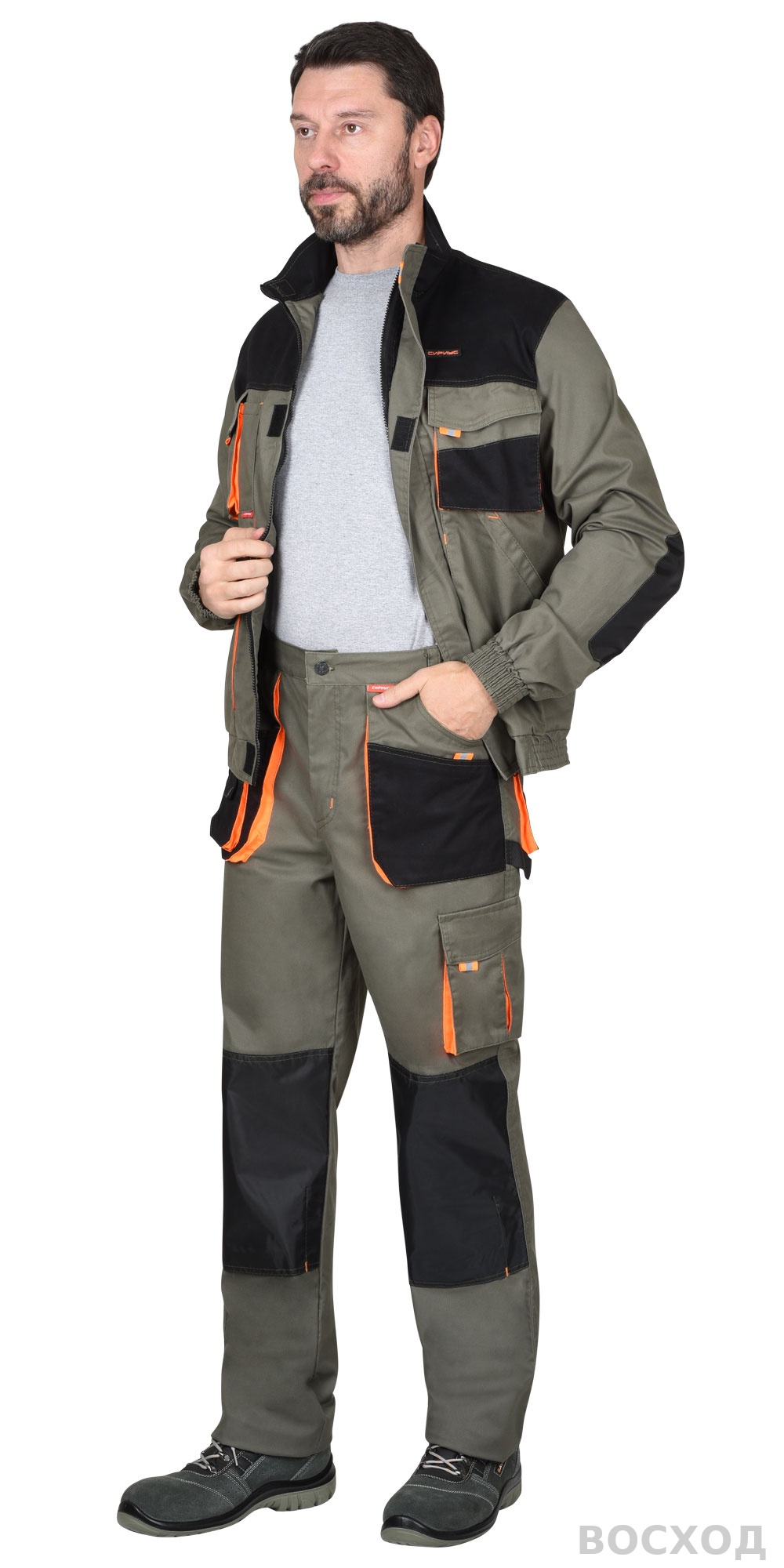 Костюм СИРИУС-МАНХЕТТЕН куртка. брюки с оранжевым и чер. тк. мех. стрейч пл 260 г/кв.м