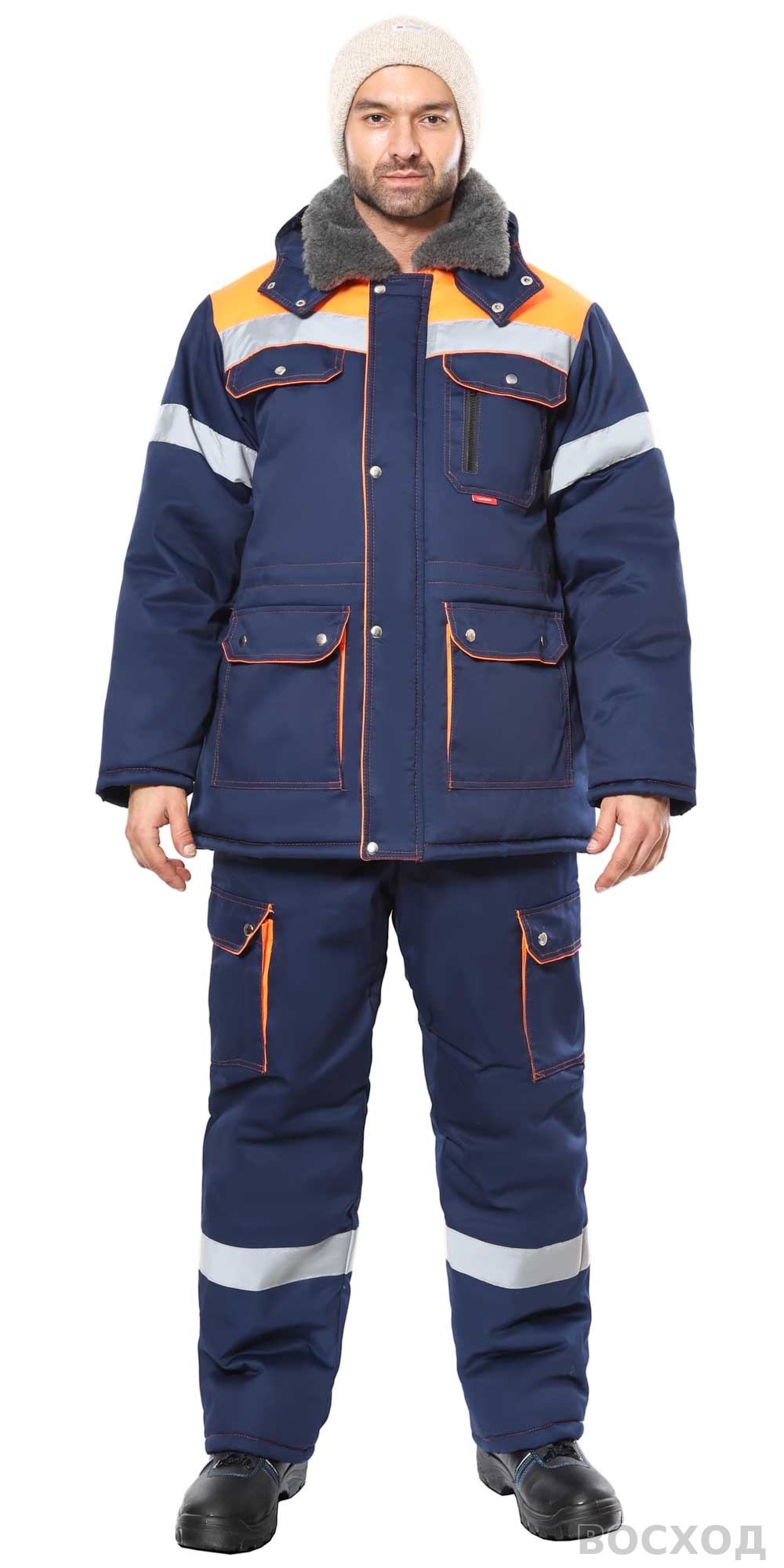 Костюм СИРИУС-ЛИДЕР-М куртка дл., п/к с оранжевым, мех. воротник, СОП