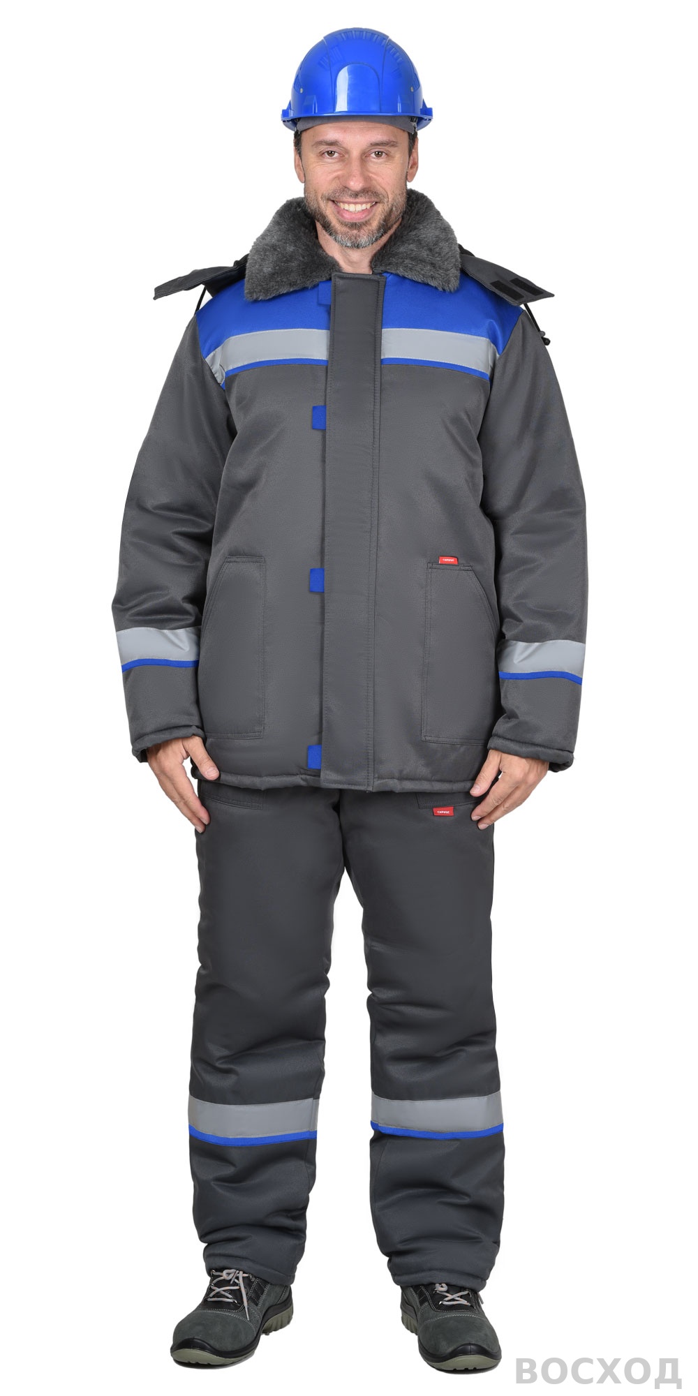 Костюм СИРИУС-РОСТ-АРКТИКА куртка, брюки, т.серый с васильковым и СОП 50 мм