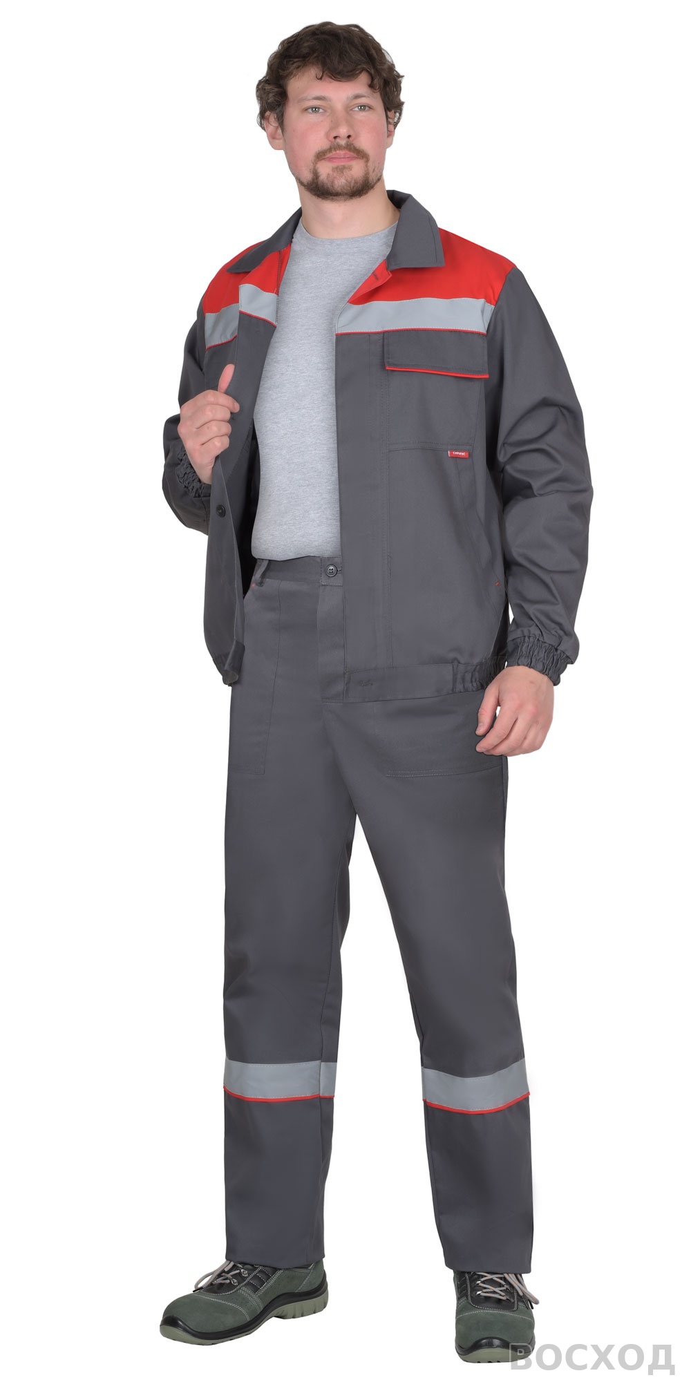 Костюм СИРИУС-МАСТЕР летний: куртка, брюки, темно- с красной отделкой