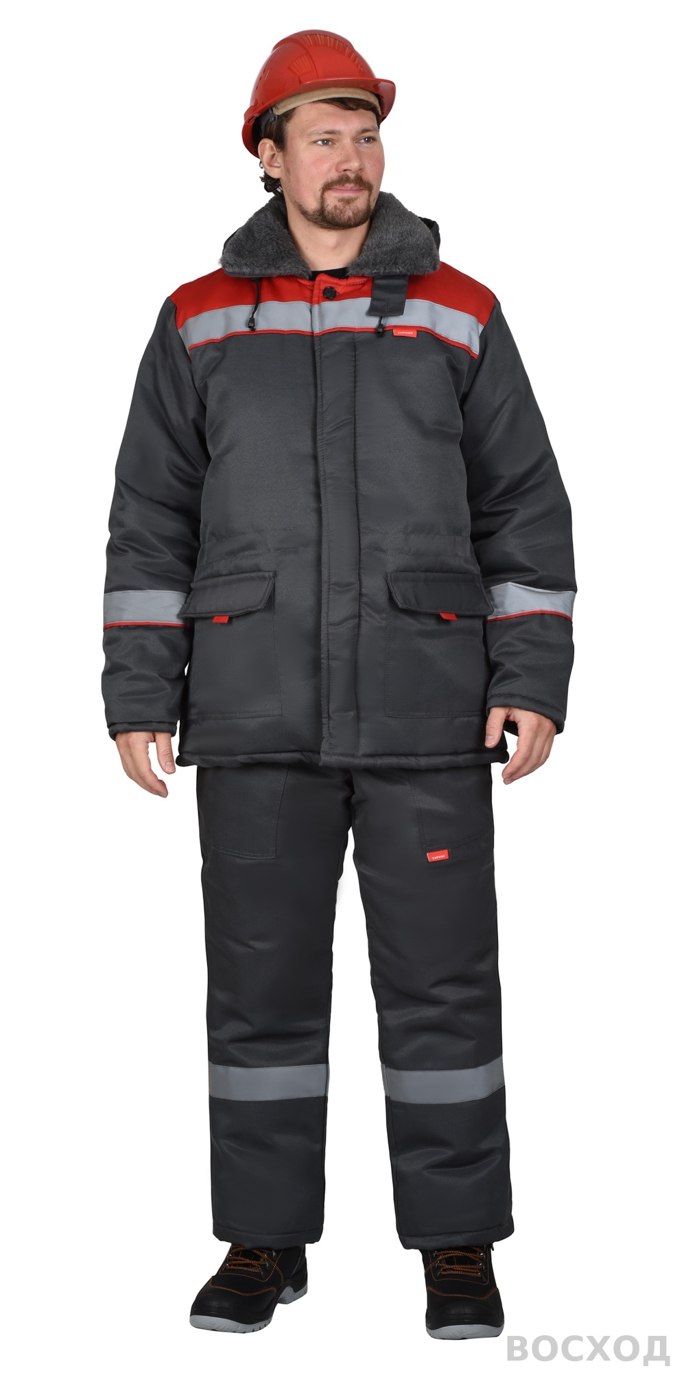 Куртка СИРИУС-БРИГАДИР мех. ворот, темно-серая с красным и СОП