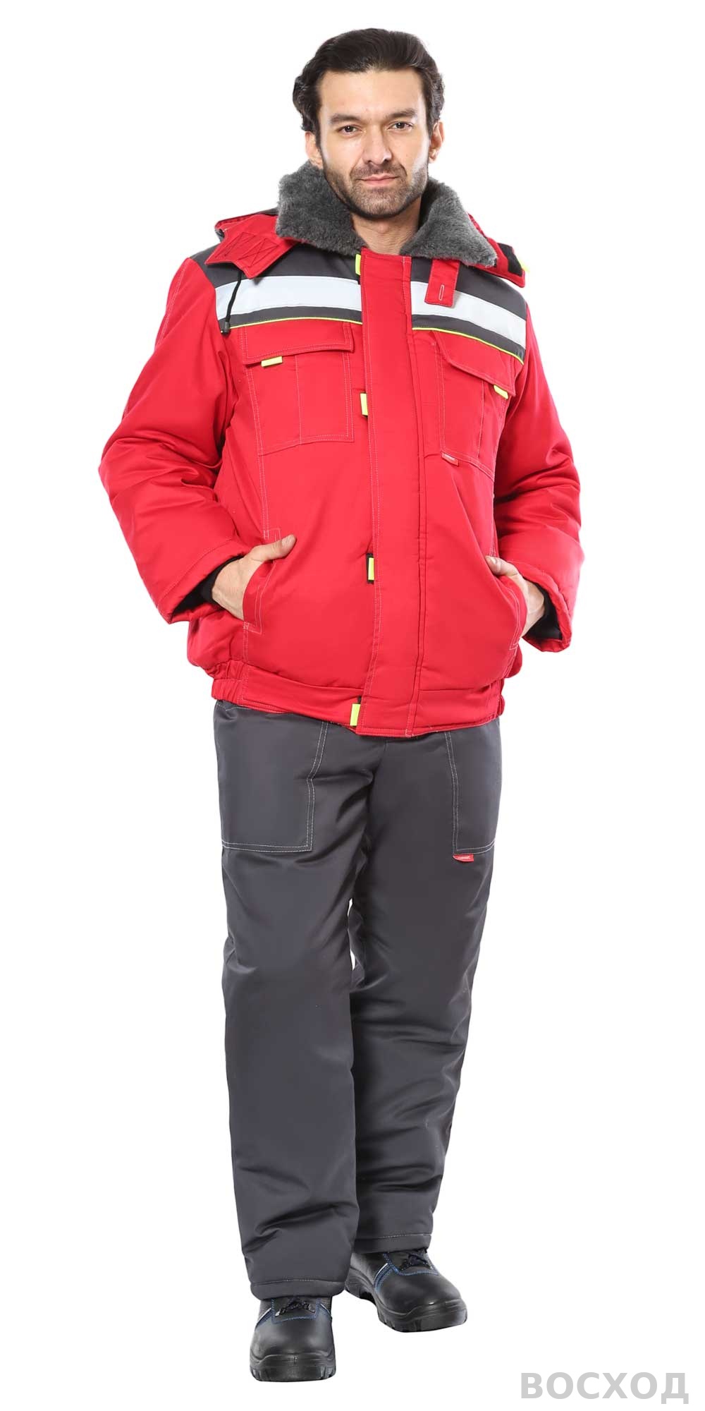 Куртка СИРИУС-ФАВОРИТ мех. ворот, красная с серым и лимонным кантом и СОП