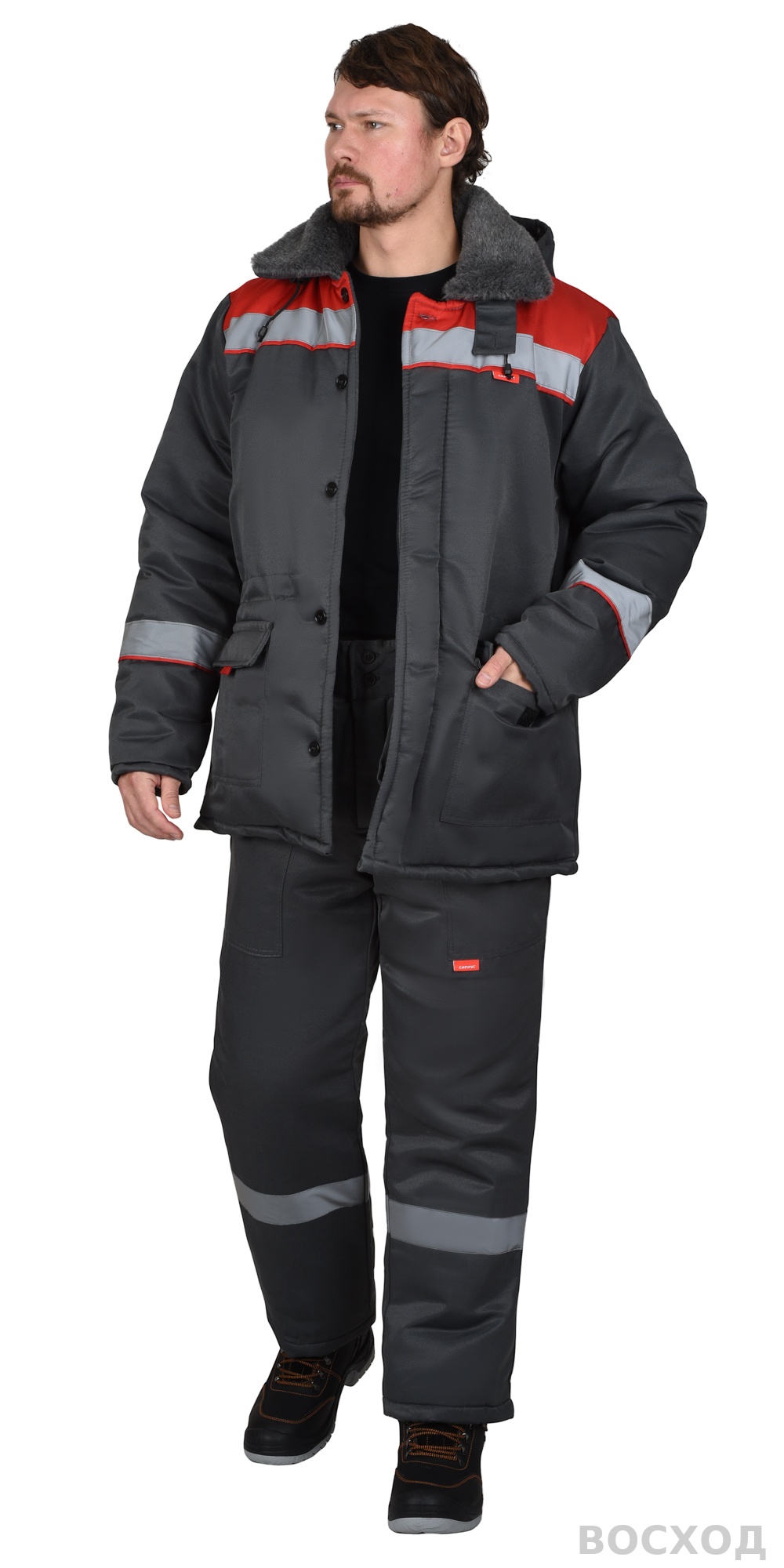 Костюм СИРИУС-БРИГАДИР куртка с меховым воротом, брюки, с красным и СОП