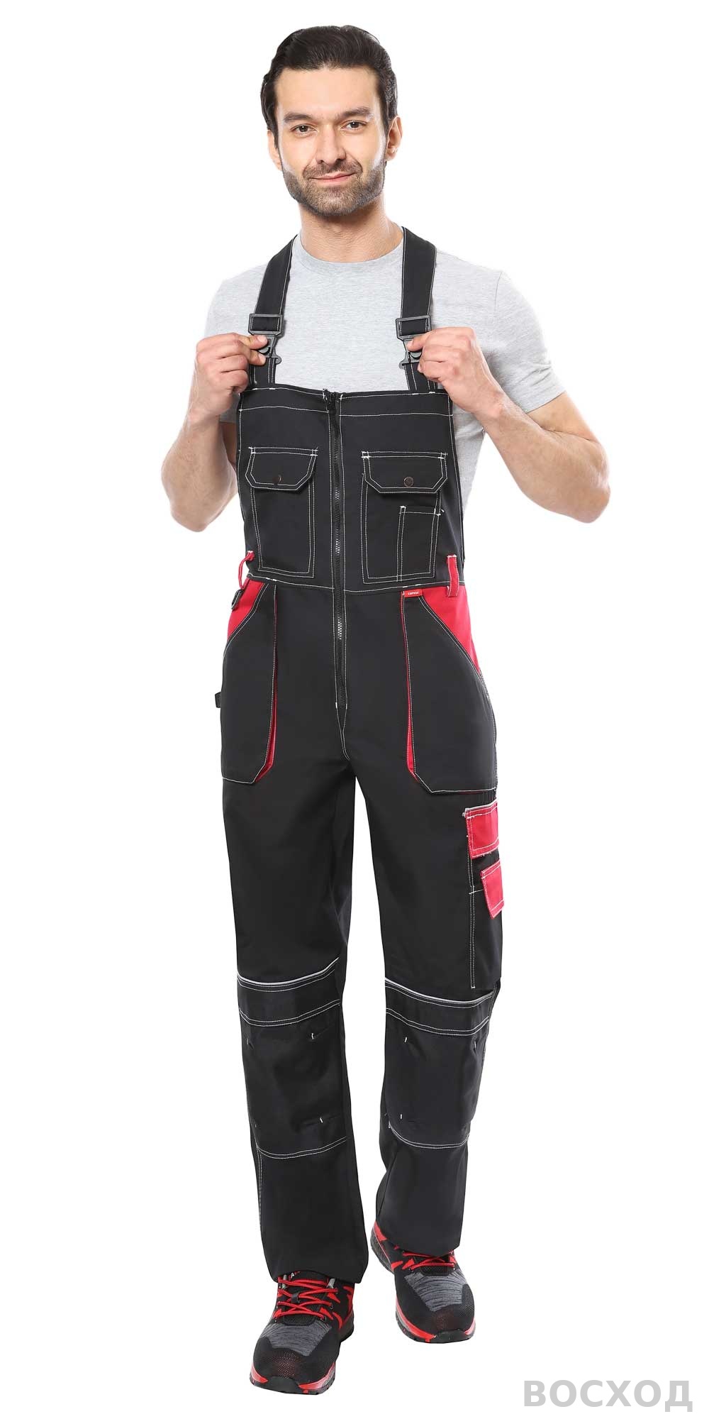 Костюм СИРИУС-АГАТ куртка, п/к черный с красным пл. 260 г/кв.м. ВО отделка