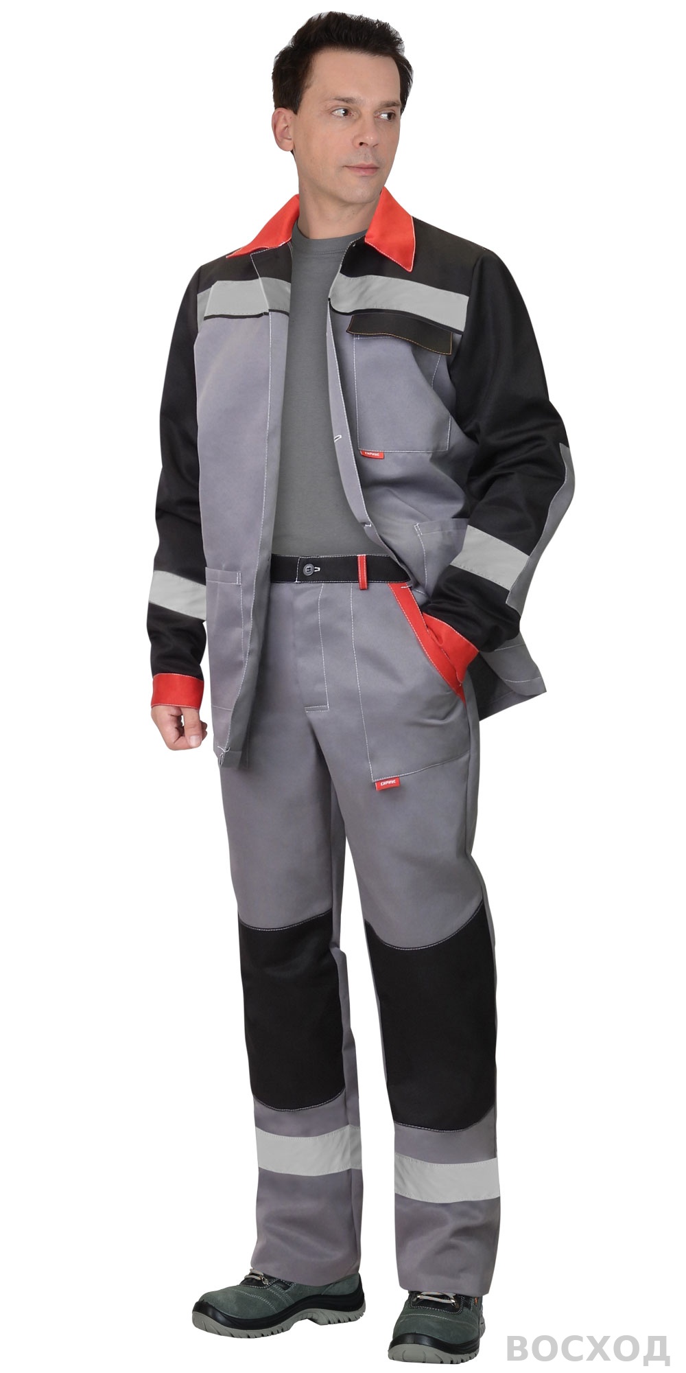 Костюм СИРИУС-ПРОФИЛЬ куртка, брюки ср. с черным с красной отделкой и СОП