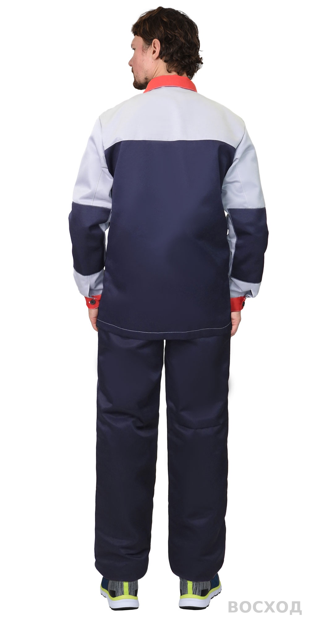 Костюм СИРИУС-АСПЕКТ куртка длинная, брюки, темно- со светло-серым с красной отделкой