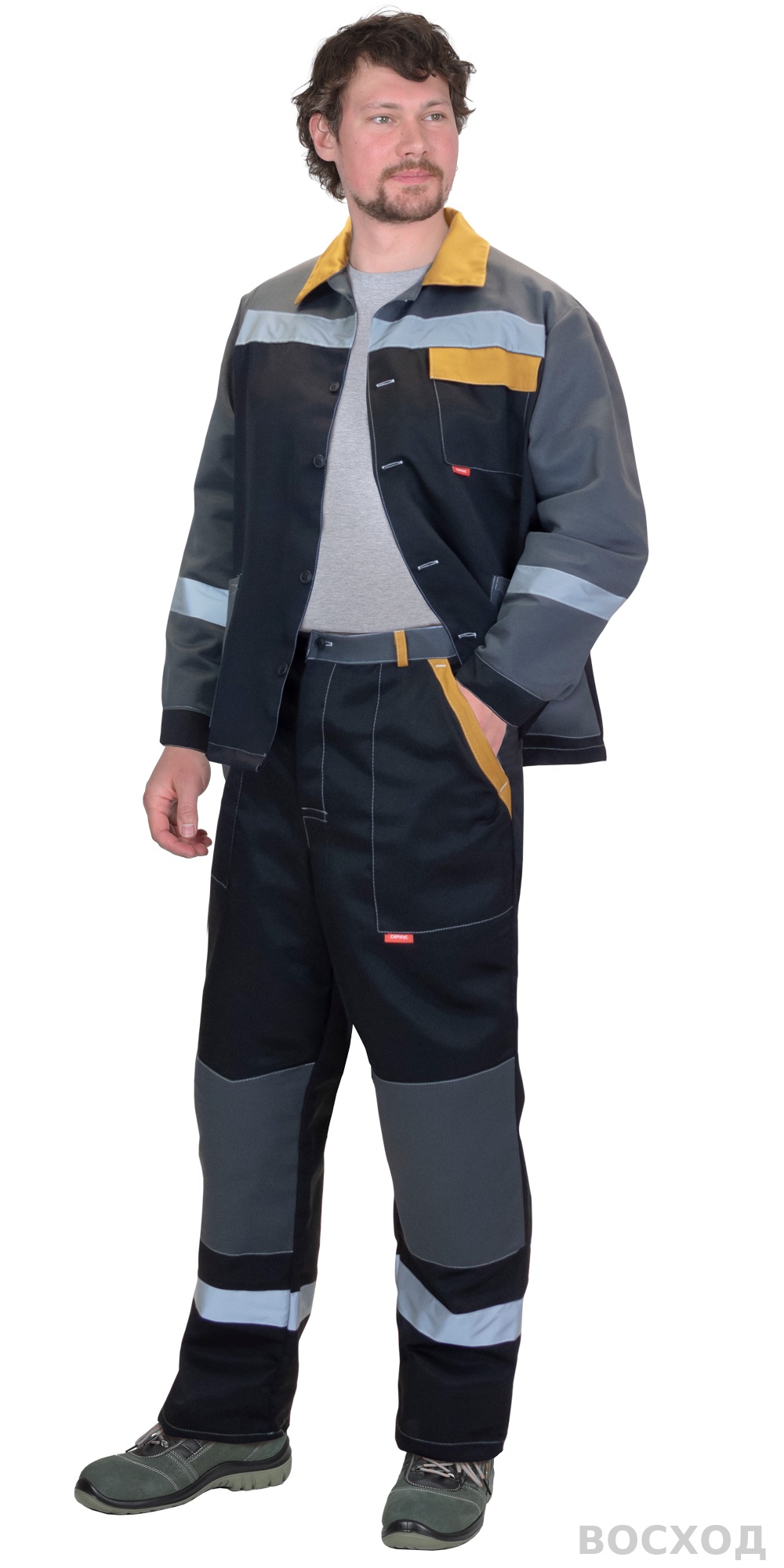 Костюм СИРИУС-ПРОФИЛЬ куртка, брюки, черный с темно-серым с горчичной отделкой и СОП