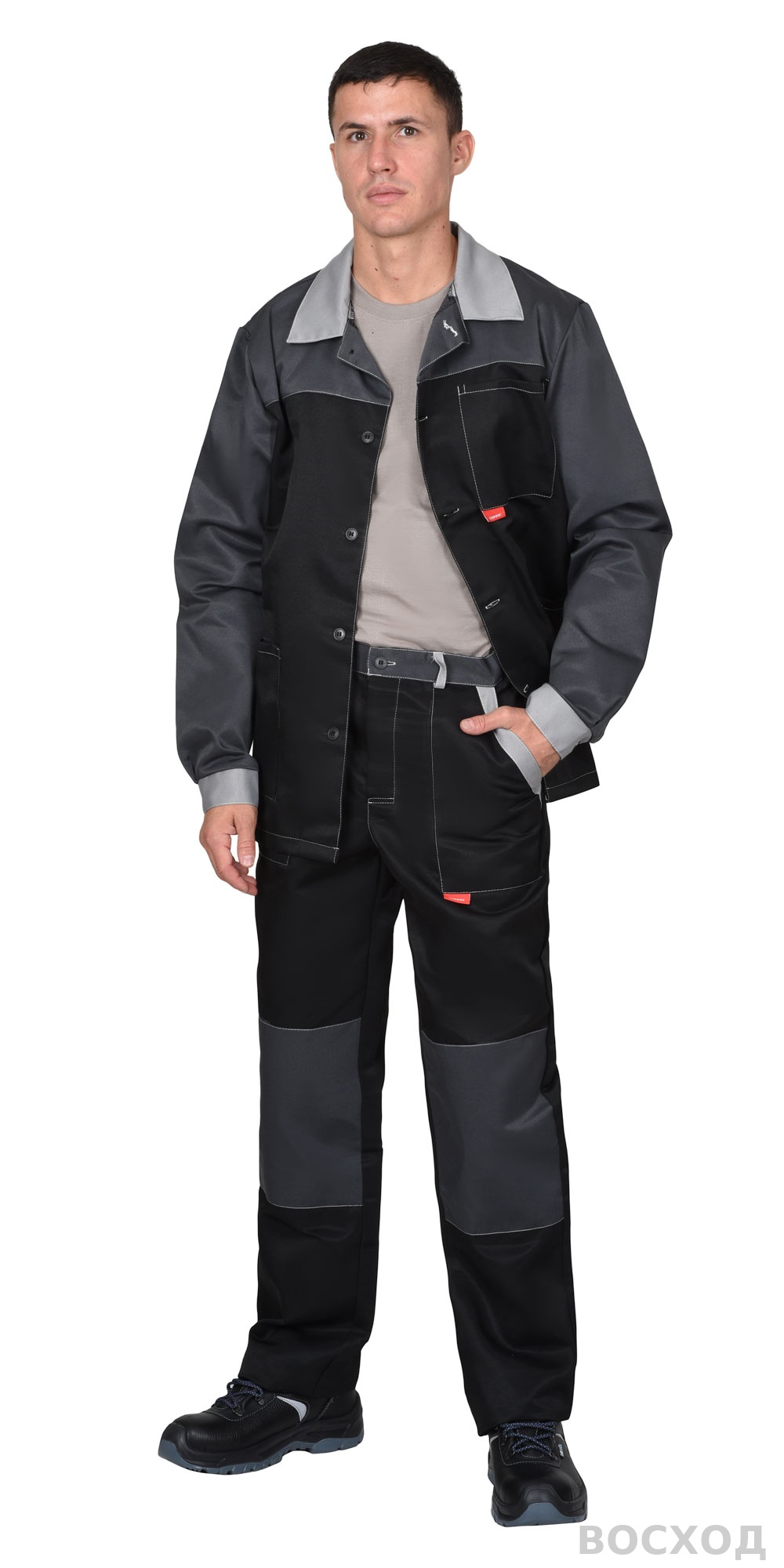 Костюм СИРИУС-АСПЕКТ куртка длин., брюки, черный с темно-серым и светло-серой отделкой