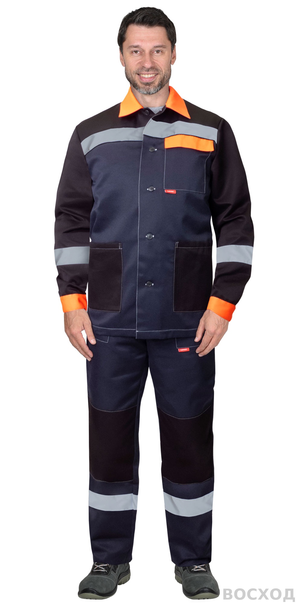 Костюм СИРИУС-ПРОФИЛЬ куртка, брюки с черным с оранжевой отделкой и СОП