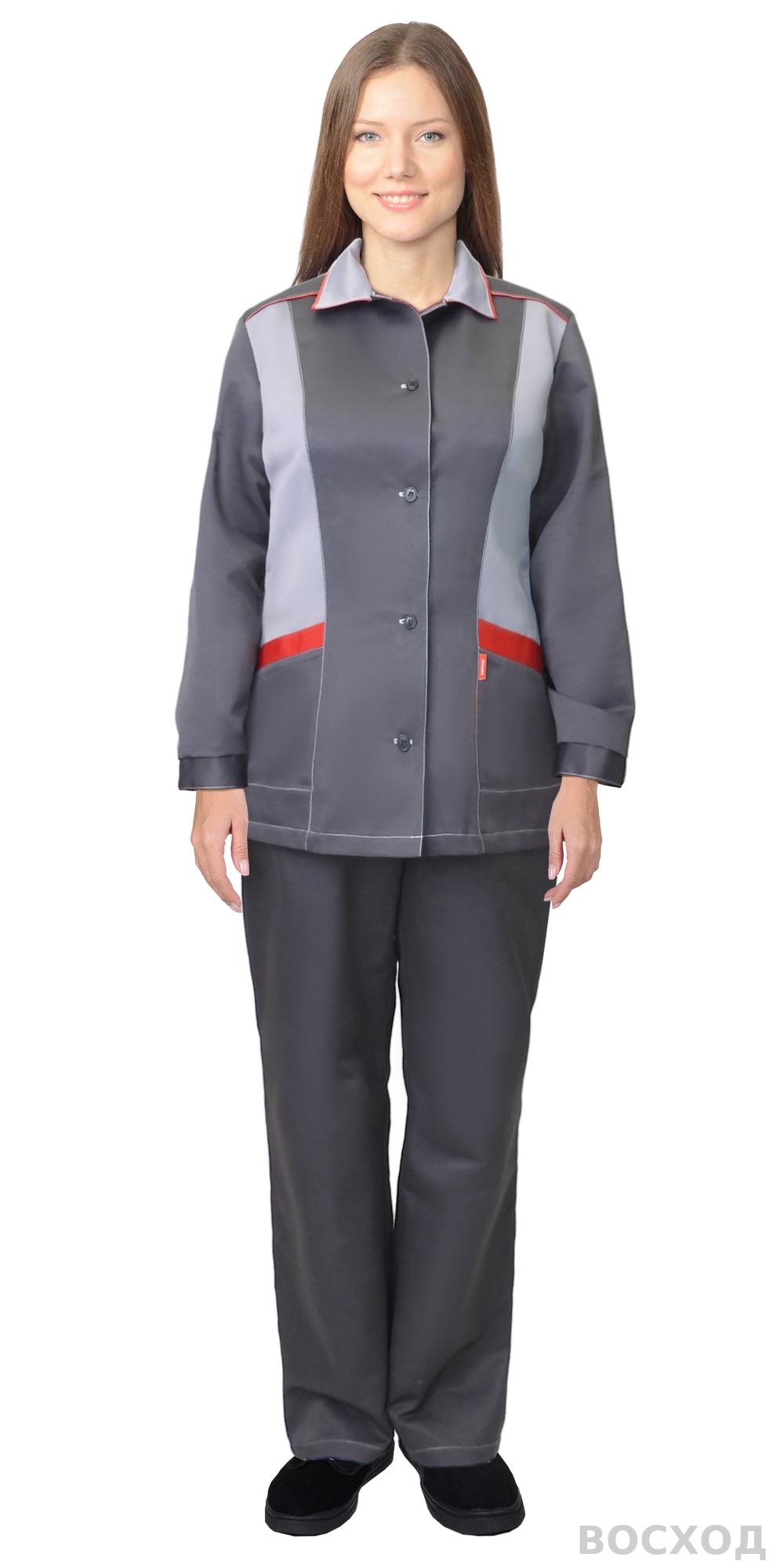 Костюм СИРИУС-ЗОЛУШКА женский, куртка, брюки, темно- со светло-серым и красной отделкой
