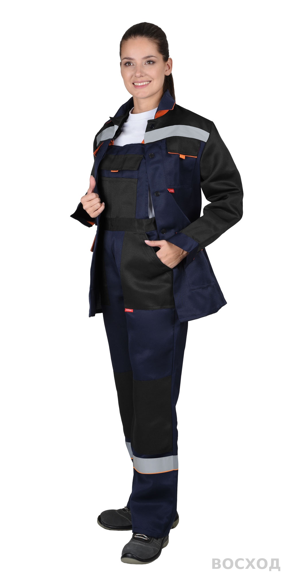 Костюм СИРИУС-УДАРНИЦА женский, куртка, п/к, темно- с черным с оранжевой отделкой и СОП