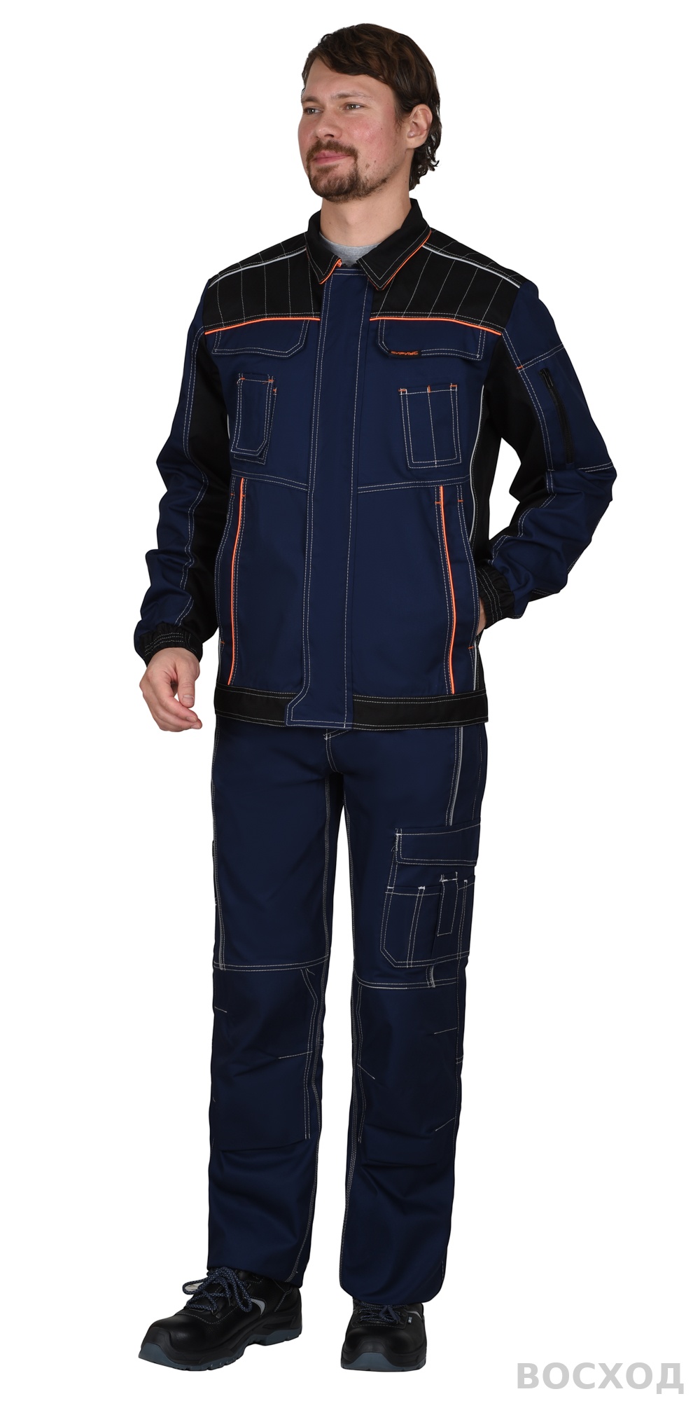 Куртка СИРИУС-ПРЕСТИЖ кор., синяя с черным и оранжевой отделкой