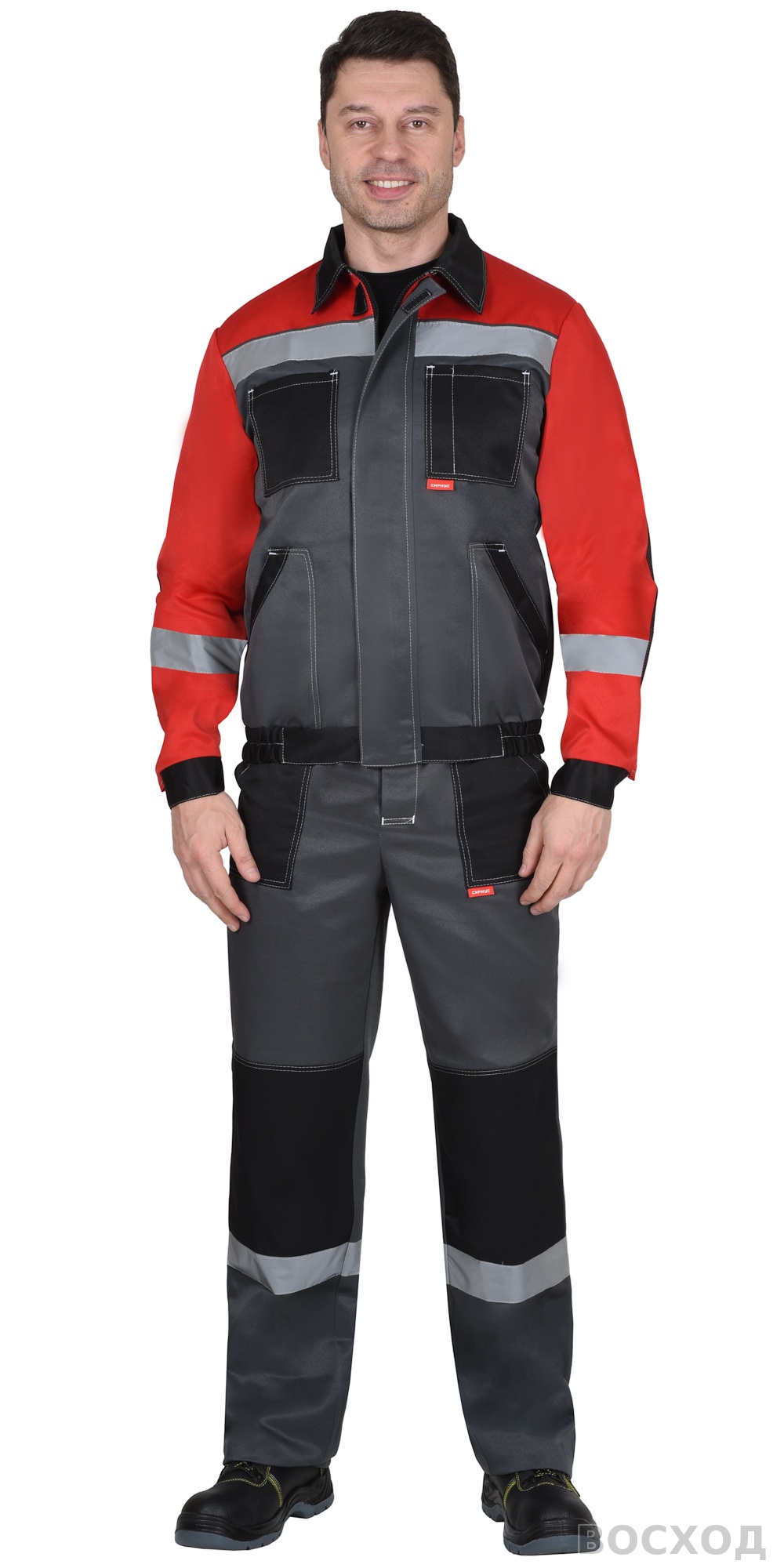 Костюм СИРИУС-ЛИГОР-2 куртка короткая, брюки, темно- с красным и черным, СОП