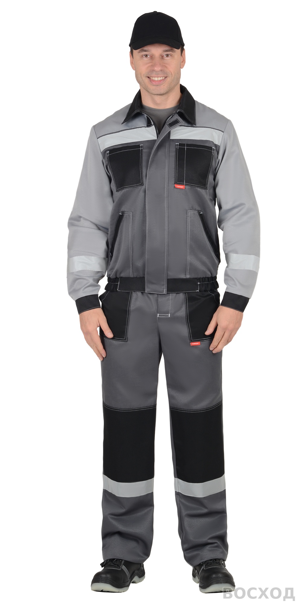 Костюм СИРИУС-ЛИГОР-2 куртка короткая, брюки, темно- со светло-серым и черным, СОП