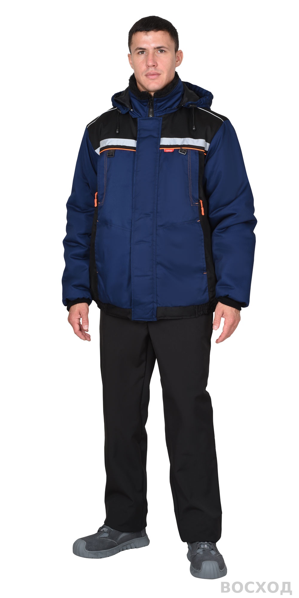 Куртка СИРИУС-ПРАКТИК зимняя кор. темно-синяя с черным и оранжевым кантом и СОП, мех. ворот