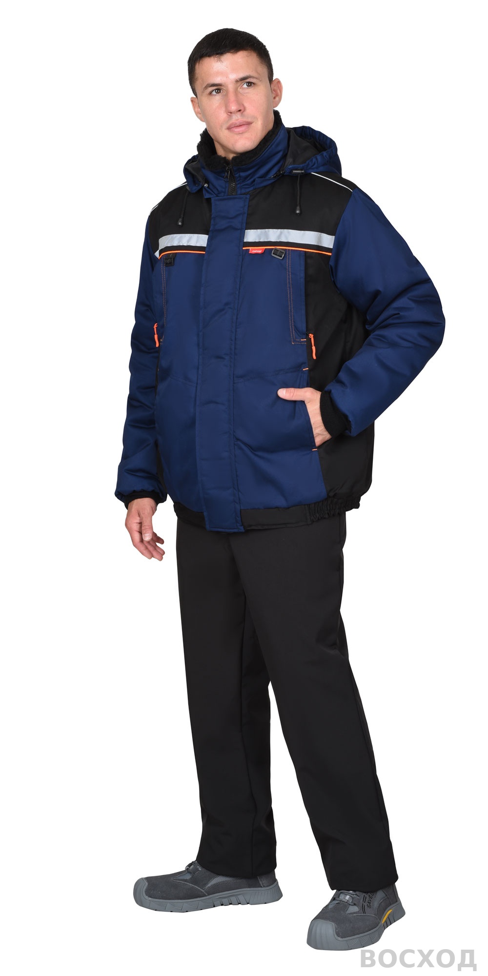 Куртка СИРИУС-ПРАКТИК зимняя кор. темно-синяя с черным и оранжевым кантом и СОП, мех. ворот