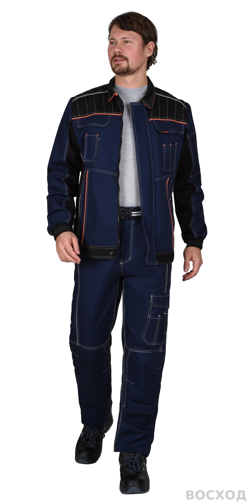 Костюм СИРИУС-ПРЕСТИЖ куртка, брюки, с черным и оранжевой отделкой