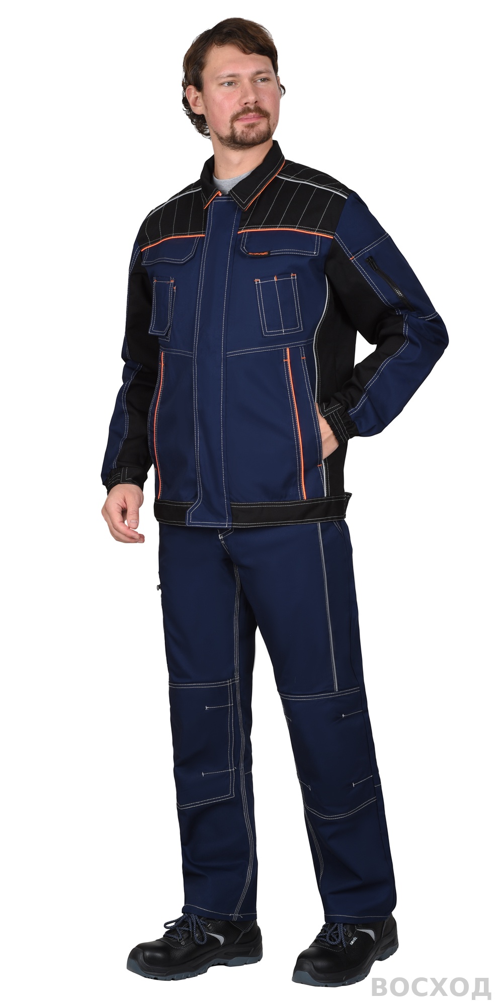 Костюм СИРИУС-ПРЕСТИЖ куртка, п/к, с черным и оранжевой отделкой