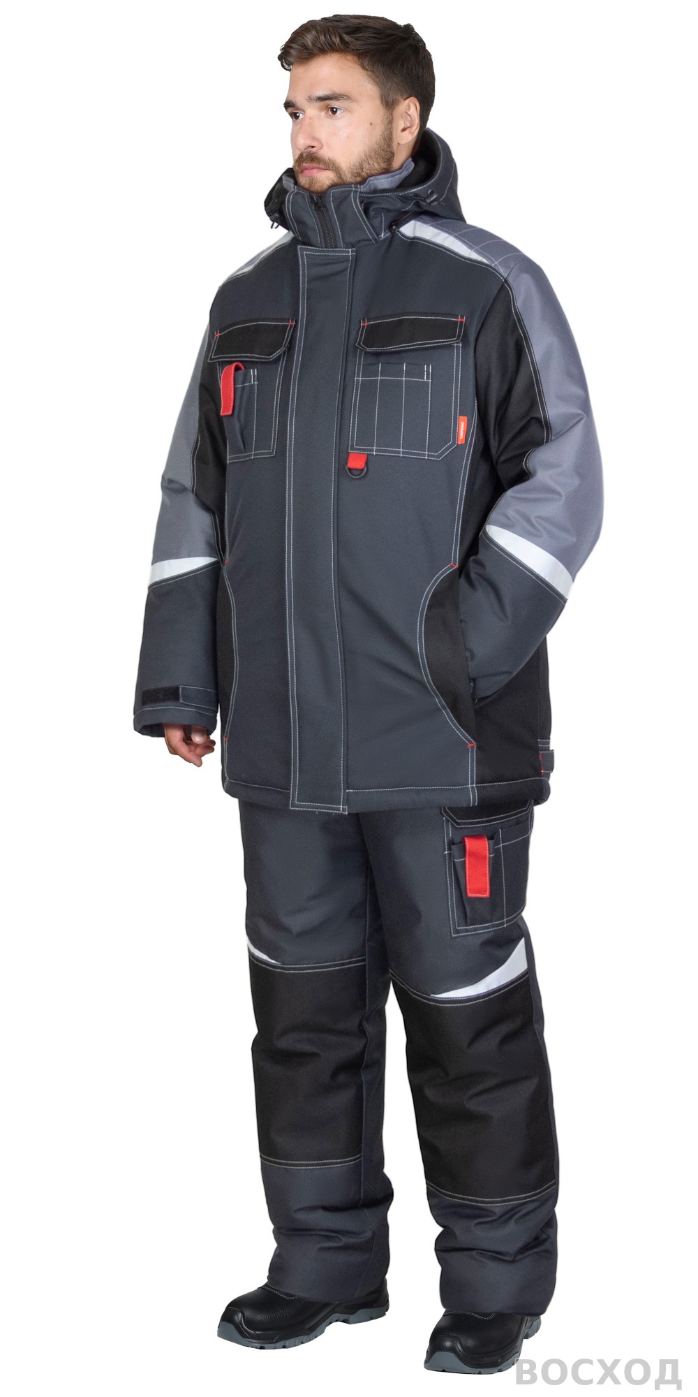 Костюм СИРИУС-ФАВОРИТ-МЕГА-М зимний, куртка дл., п/к, тёмно- с черным, средне-серой отд. и СОП