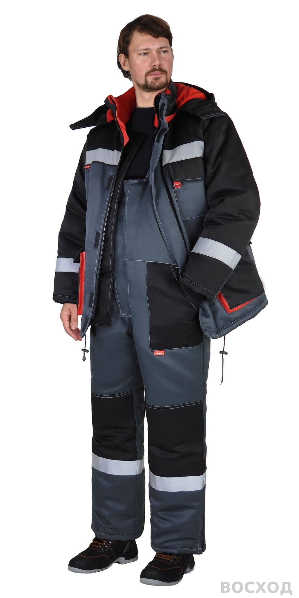 Костюм СИРИУС-ПРОФИЛЬ зимний, куртка, п/к, темно- с черным, красной отделкой и СОП