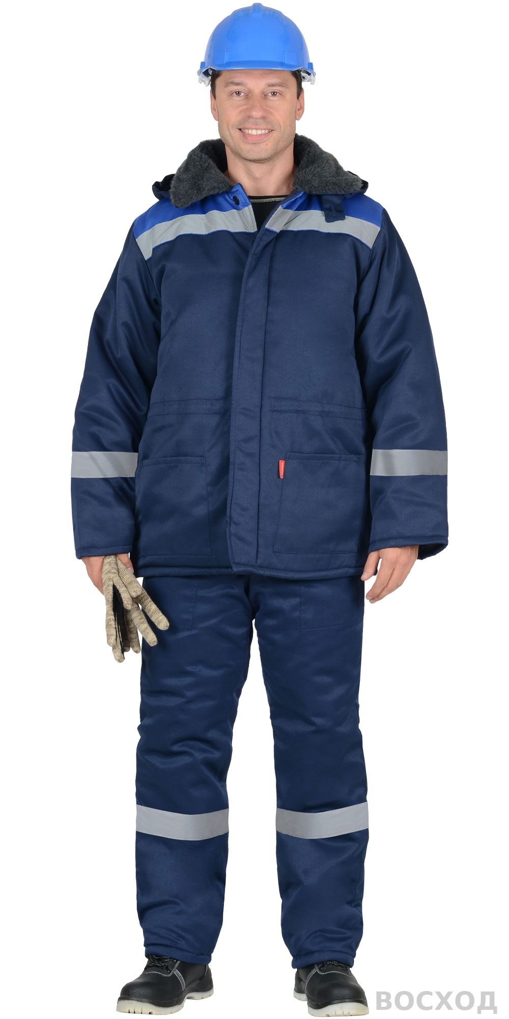 Куртка СИРИУС-БРИГАДИР-2 зимняя мужская с мех. воротником, синяя с васильковым и СОП