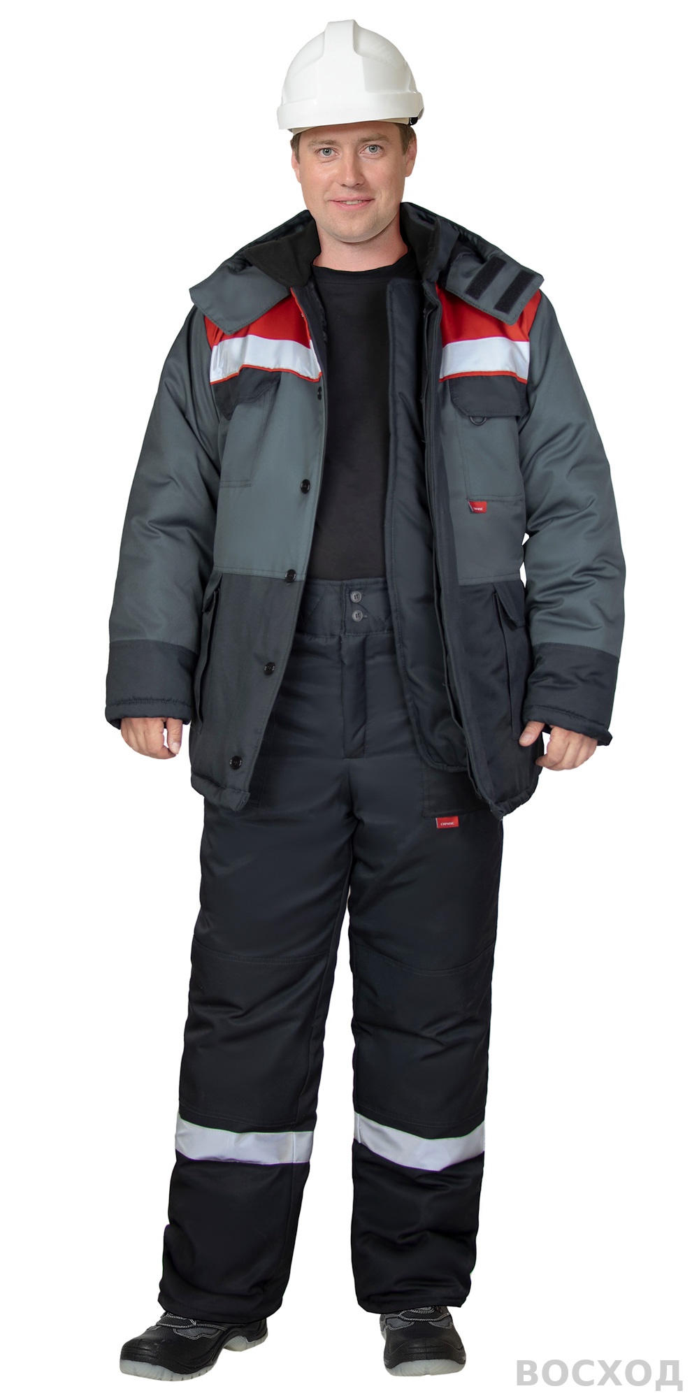 Костюм СИРИУС-ПАРИТЕТ-РОСС зимний, куртка длинная, брюки, черный с темно-серым, красным и СОП