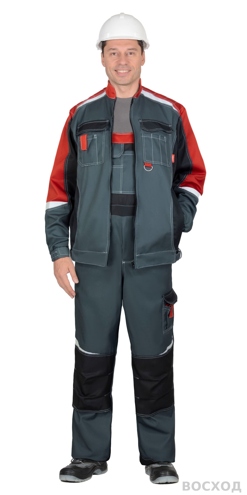 Костюм СИРИУС-ФАВОРИТ-МЕГА-РОСС куртка, п/к, темно- с красным, чёрным и СОП