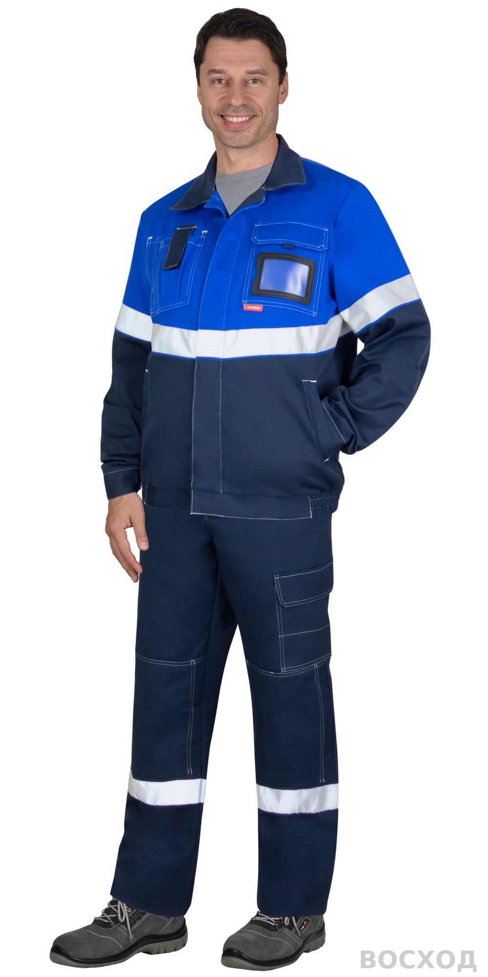 Костюм СИРИУС-САМОТЛОР-РОСС куртка, брюки, темно- с васильковым и СОП, антистат. нить, МВО