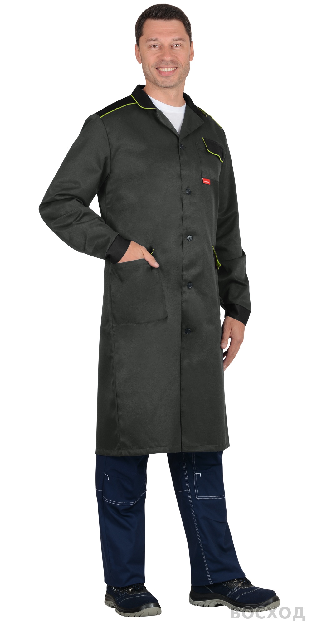 Халат СИРИУС-ТЕХНИК мужской, с черным и лимонной отделкой