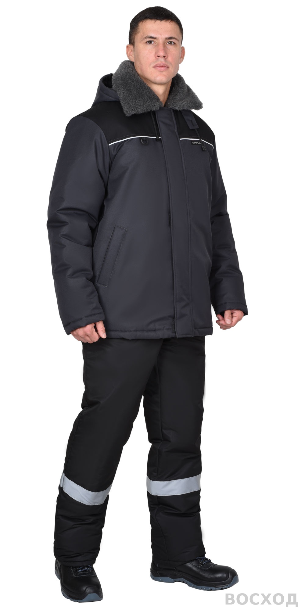 Куртка СИРИУС-МАСТЕР-М зимняя, муж. с мех. воротником и капюшоном, тёмно-серая с черым и СВ кантом
