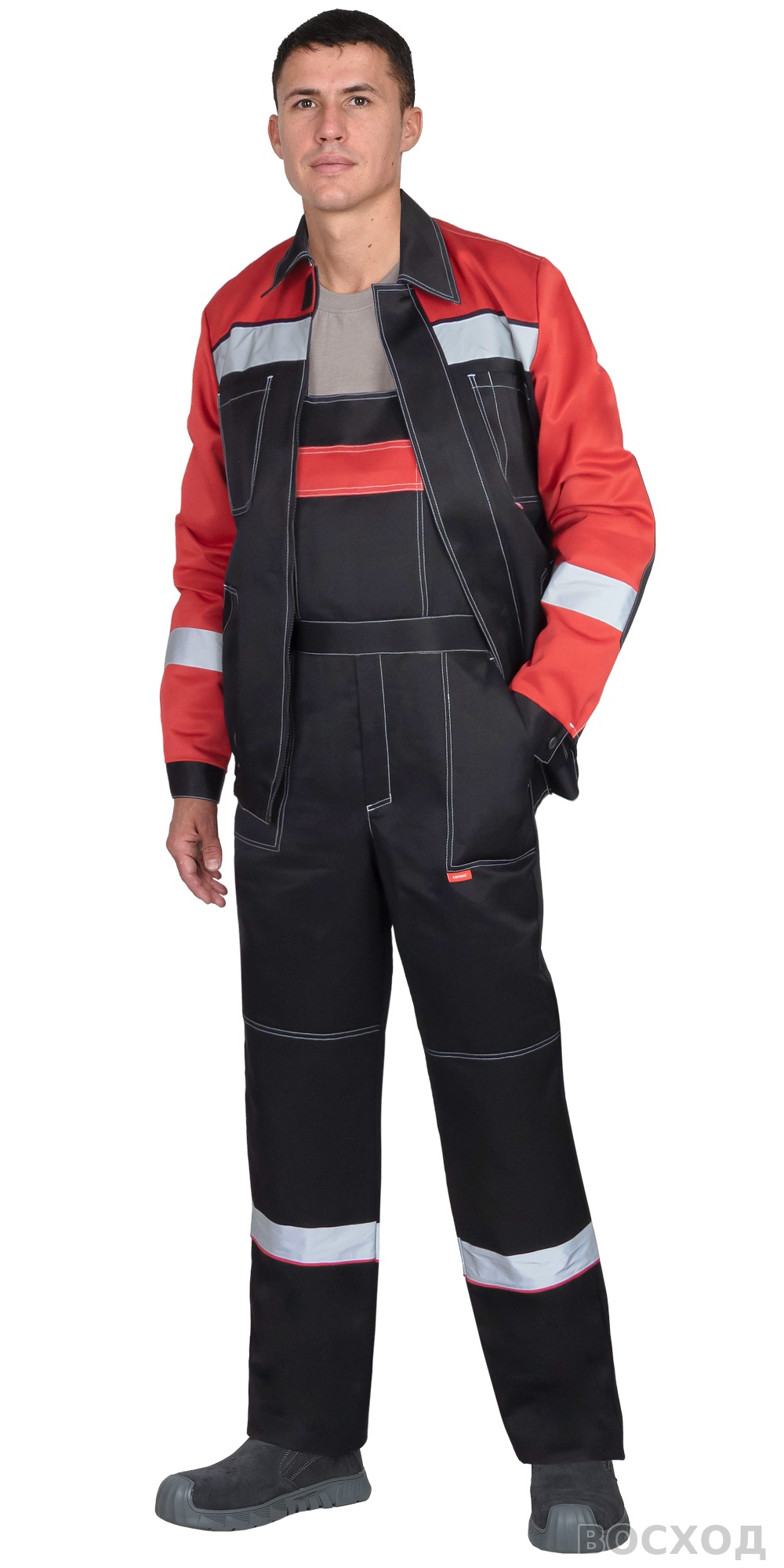 Костюм СИРИУС-ЛИГОР-2 куртка короткая, п/к, черный с красным и СОП