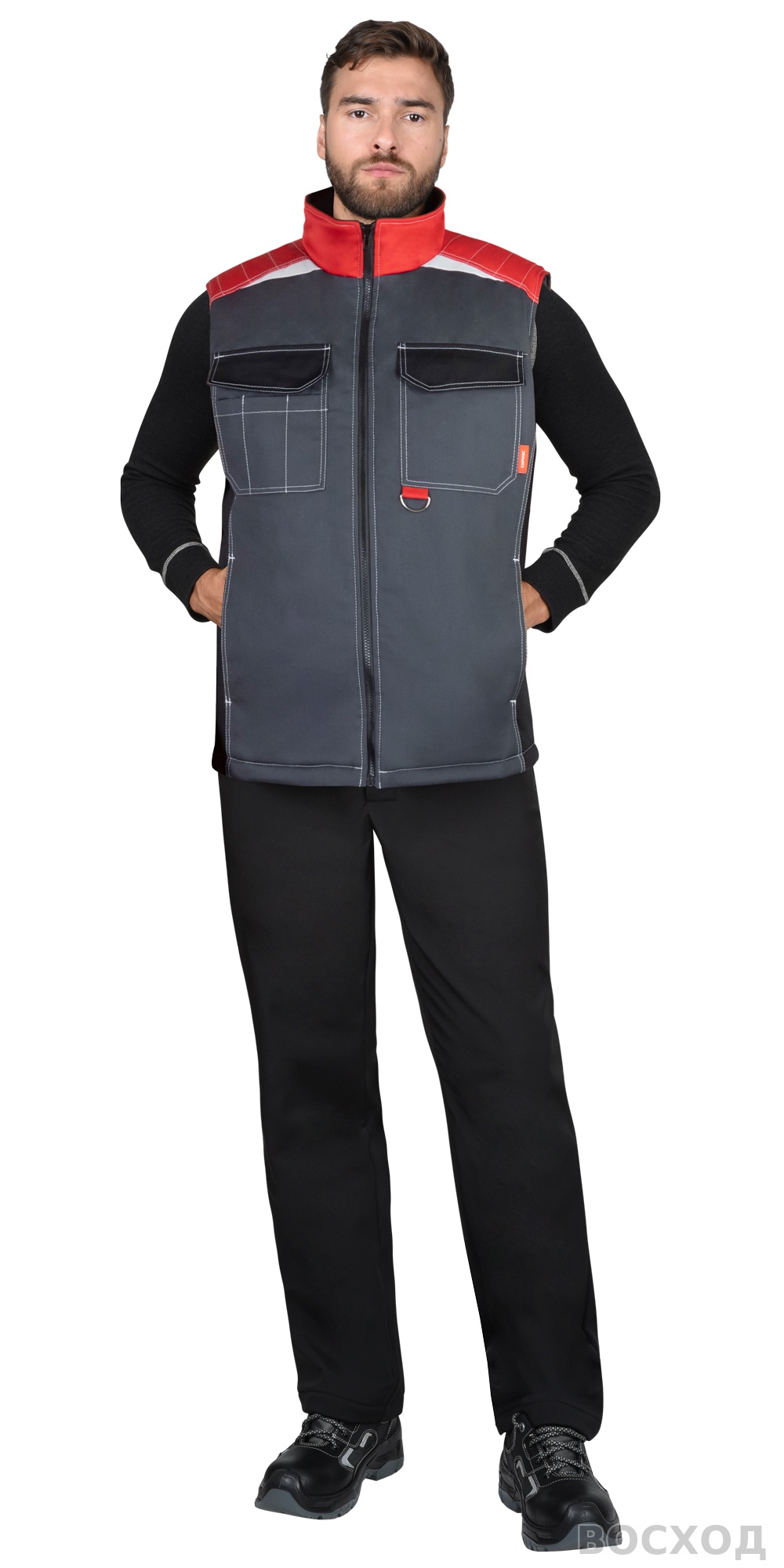 Жилет СИРИУС-ФАВОРИТ-МЕГА тёмно- с черным и красной отделкой