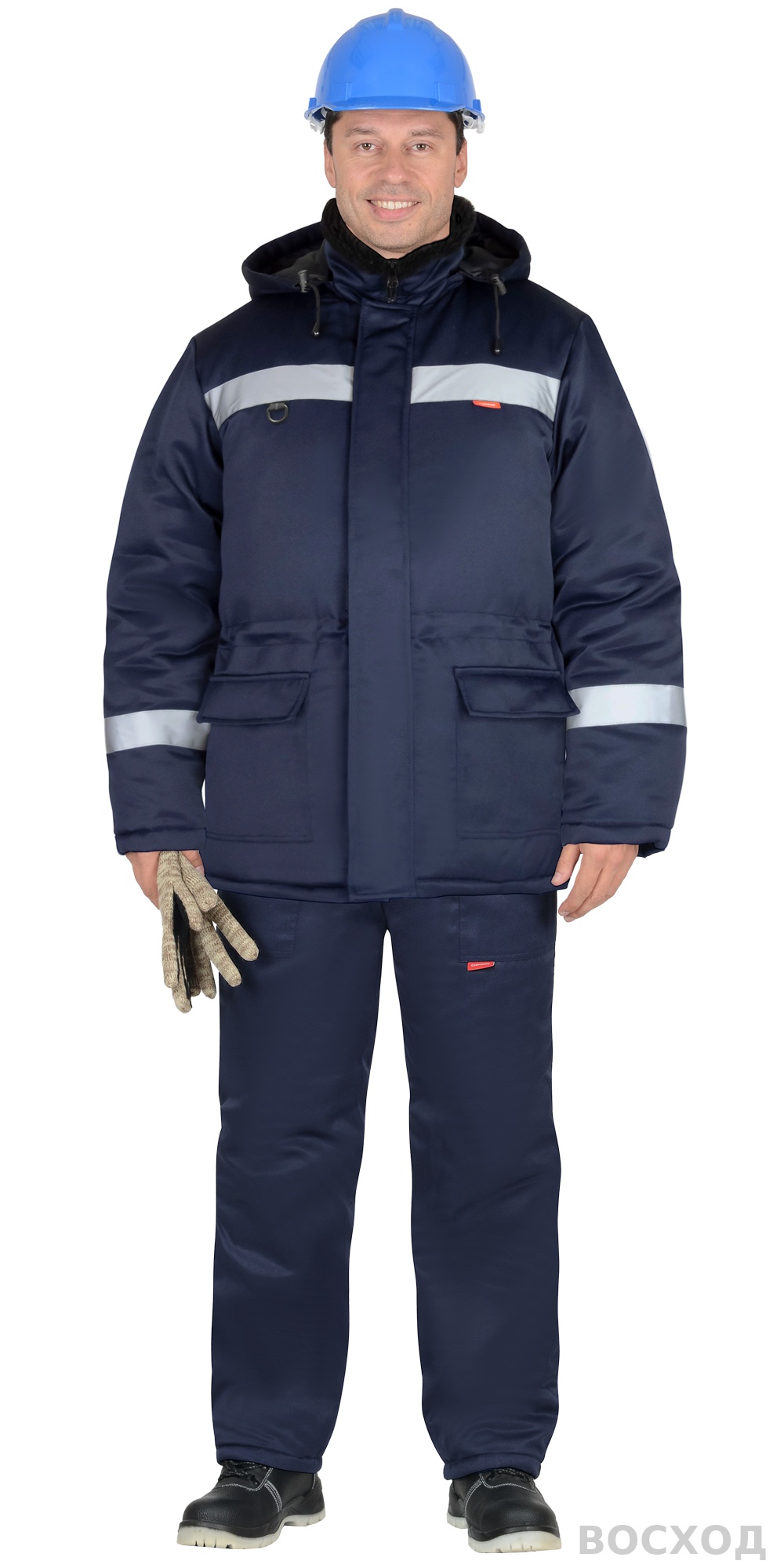 Куртка СИРИУС-БРИГАДИР зимняя, мех. ворот, капюшон, тёмно-синяя с СОП (утеплитель 600 гр)