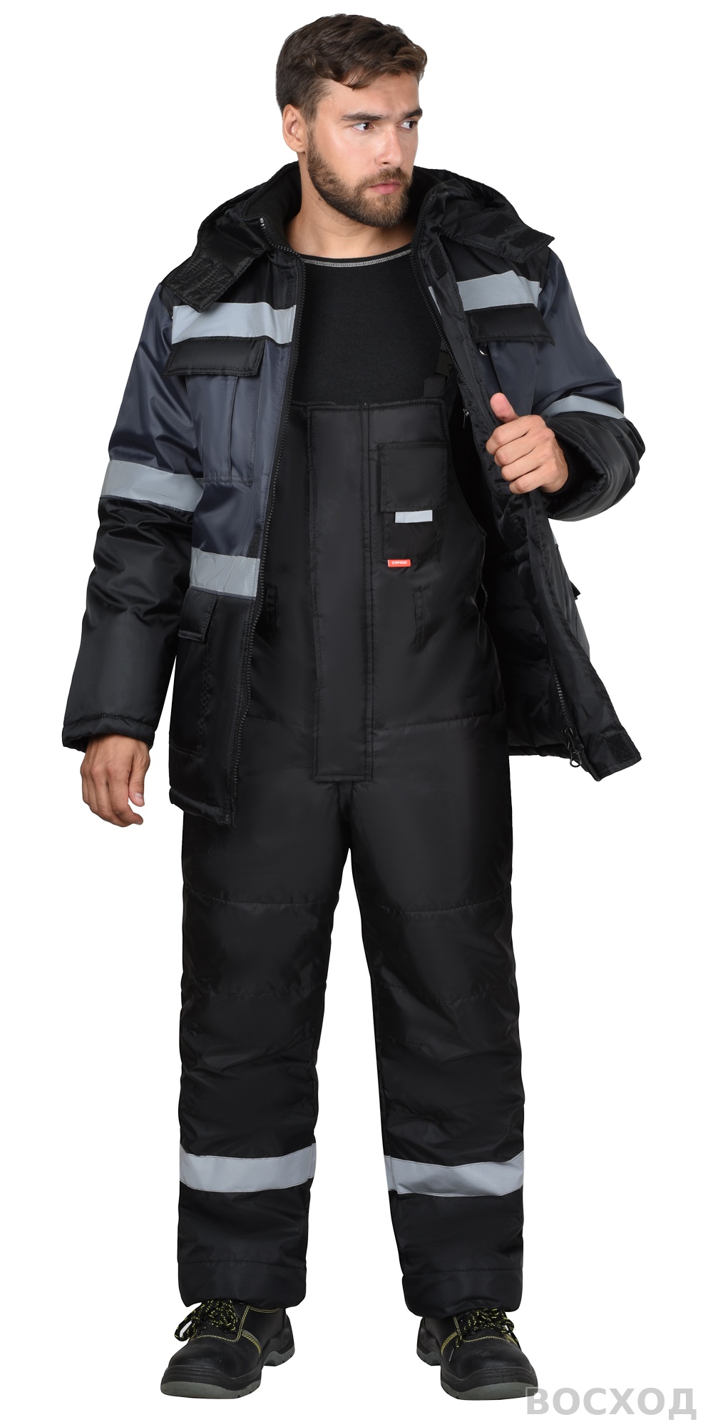 Костюм СИРИУС-ТЕРМИНАЛ зимний, куртка, п/к, черный с темно-серым и СОП