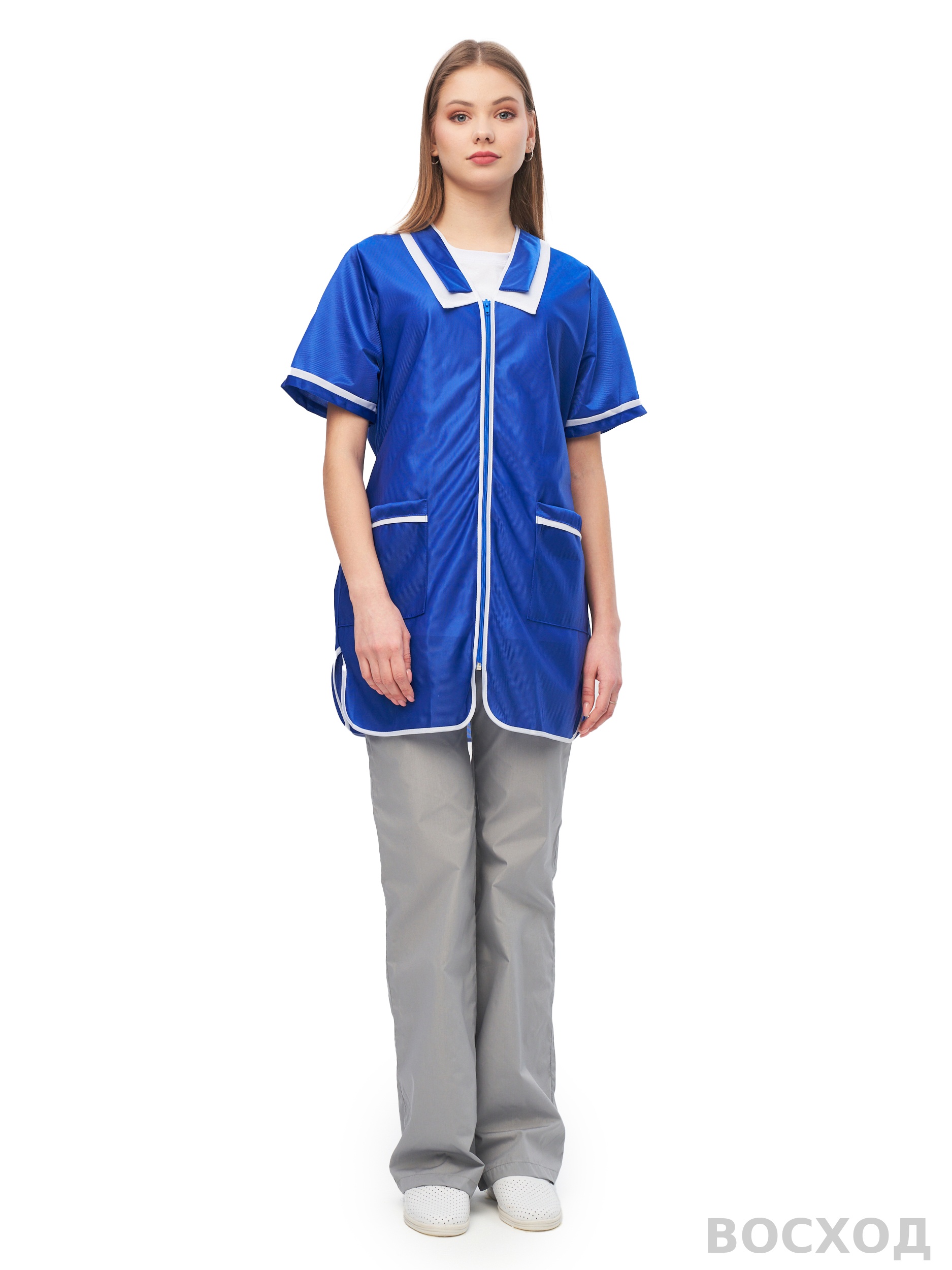 Халат женский нейлоновый (кор. рукав) васильковый - изображение 1