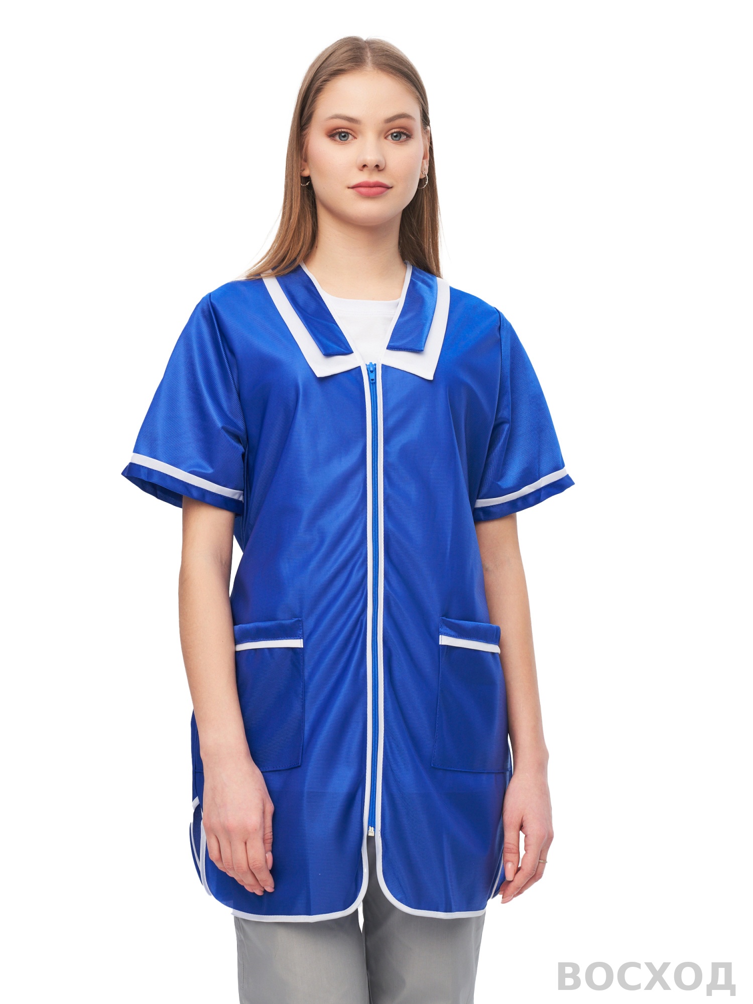 Халат женский нейлоновый (кор. рукав) васильковый